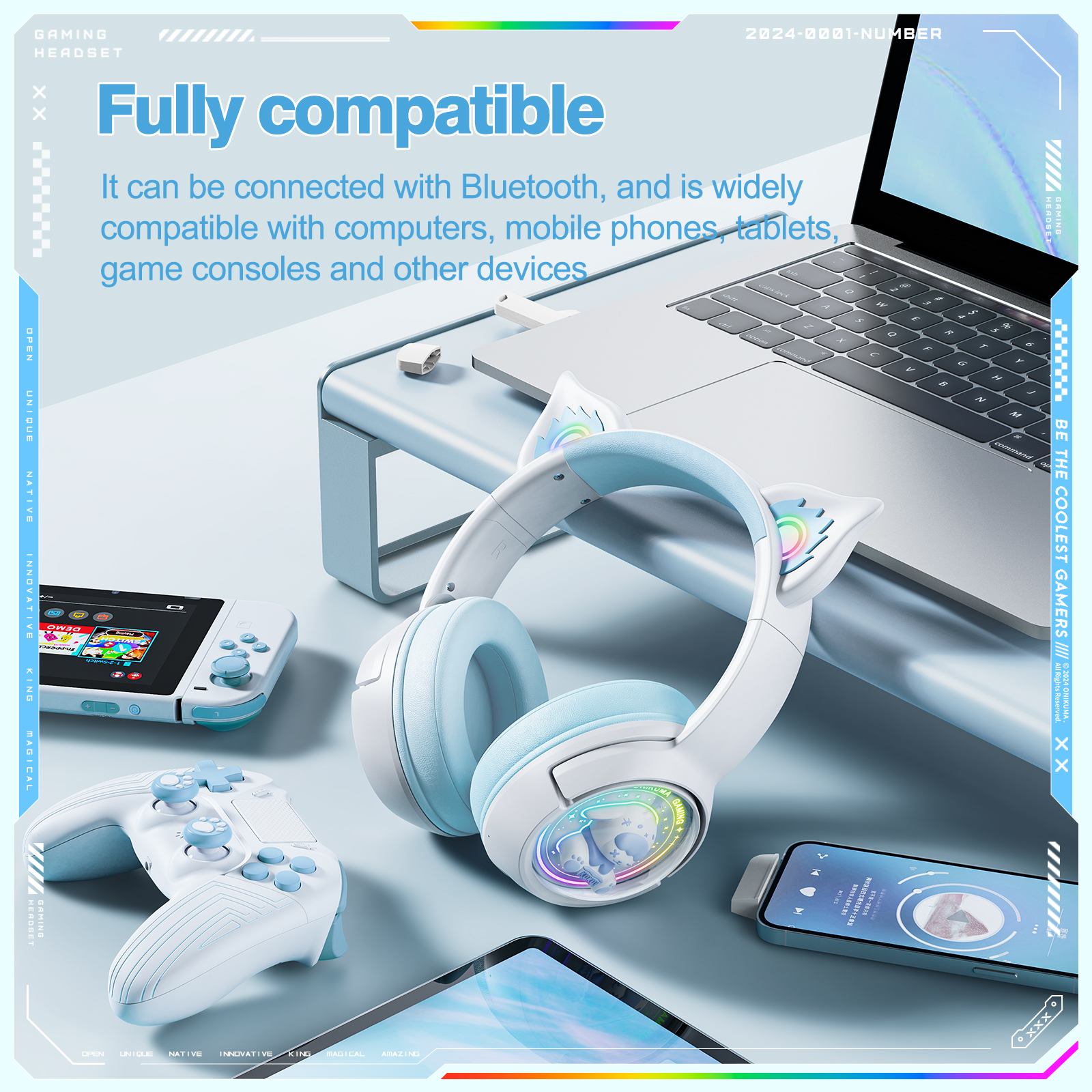 ONIKUMA B5 Wireless Gaming Headset with RGB Cat Ears, KUKU Edition, 2.4GHz Dual USB-C/USB-A Dongle, and Built-in Mic (White/Pastel Blue) - Image 12