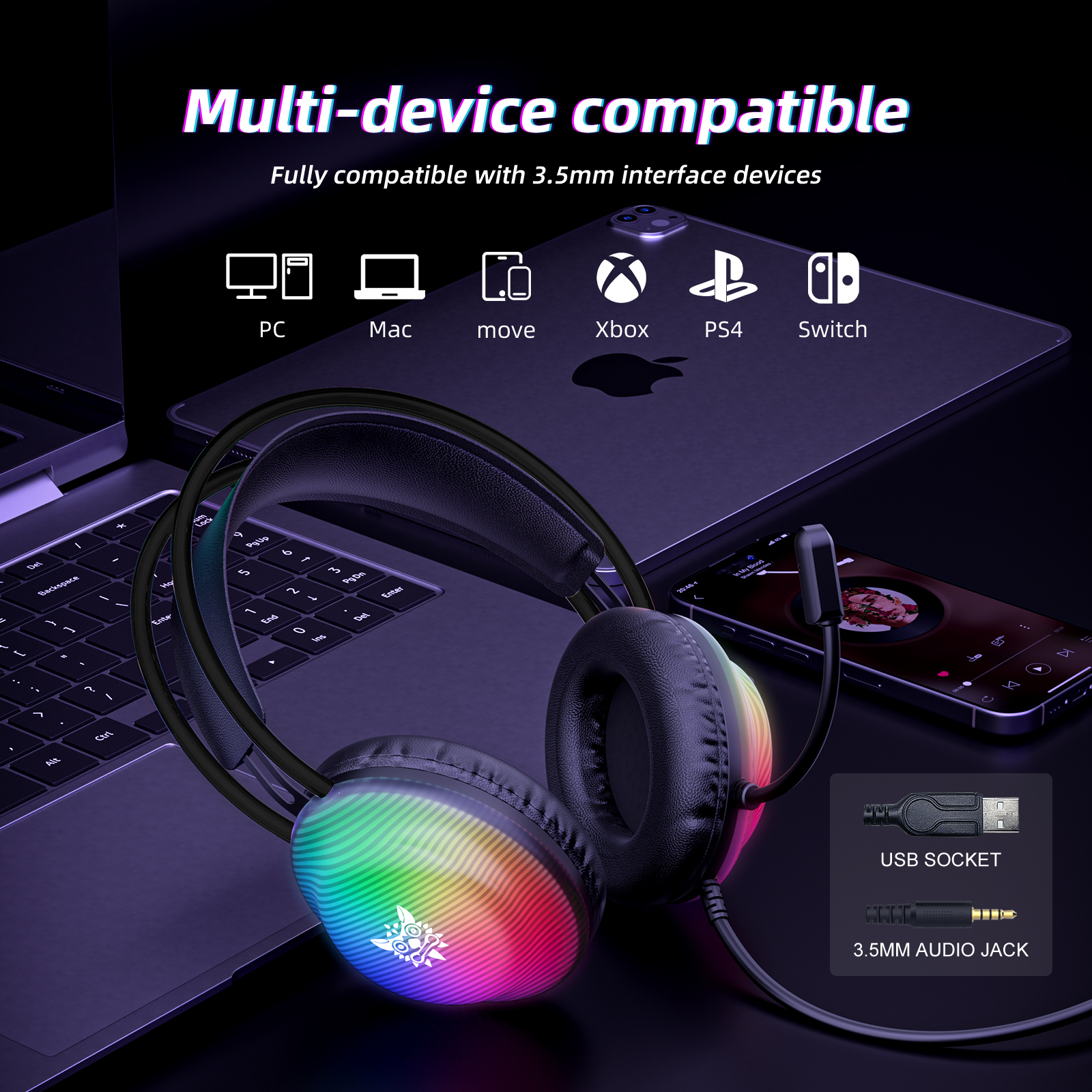 ONIKUMA X29 Wired Gaming Headset with Full-Shell Radiant RGB Lighting, Adaptive Suspension Headband, and Flexible Boom Mic for PC, PS5, Xbox & Mac - Image 7