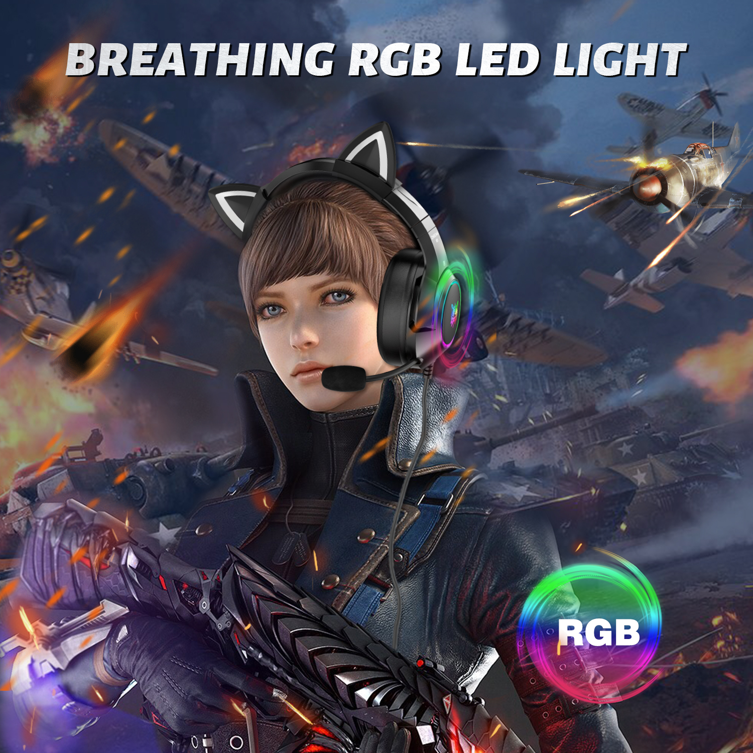 ONIKUMA K9 Wired Cat Ear Gaming Headset with Dynamic RGB Lighting, Flexible Noise-Isolating Mic, and 3.5mm Audio Jack for PC, PS5 & Xbox (Black & Pink) - Image 3
