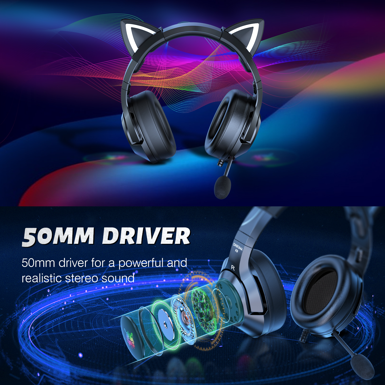 ONIKUMA K9 Wired Cat Ear Gaming Headset with Dynamic RGB Lighting, Flexible Noise-Isolating Mic, and 3.5mm Audio Jack for PC, PS5 & Xbox (Black & Pink) - Image 4