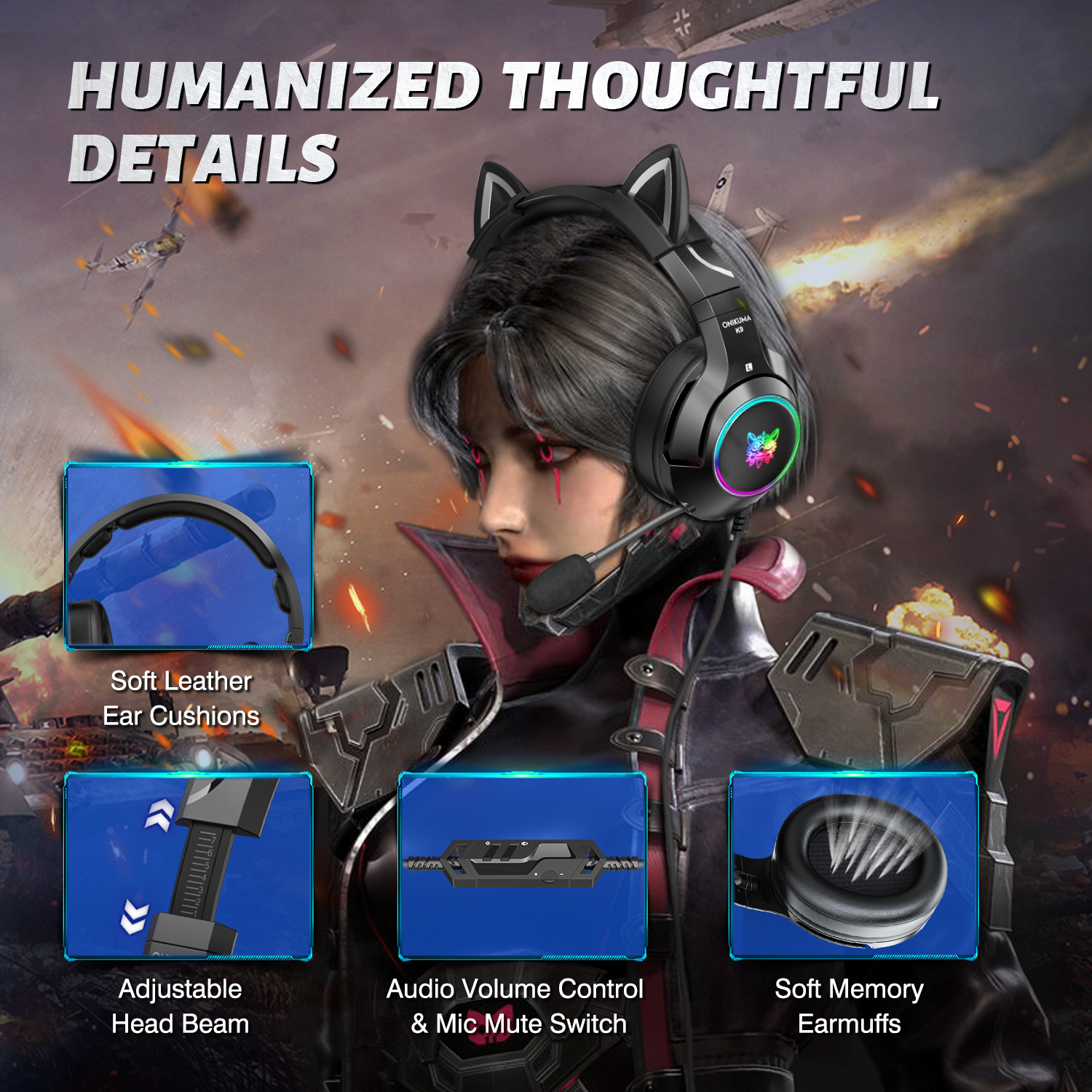 ONIKUMA K9 Wired Cat Ear Gaming Headset with Dynamic RGB Lighting, Flexible Noise-Isolating Mic, and 3.5mm Audio Jack for PC, PS5 & Xbox (Black & Pink) - Image 6