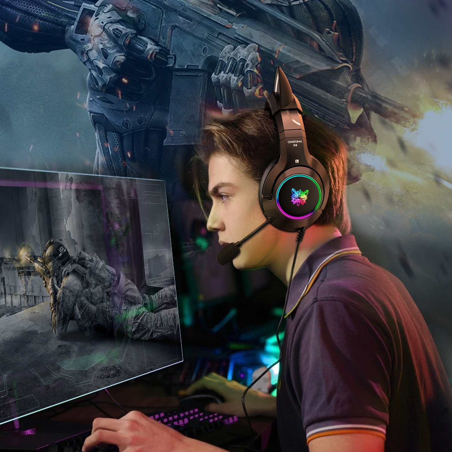 ONIKUMA K9 Wired Cat Ear Gaming Headset with Dynamic RGB Lighting, Flexible Noise-Isolating Mic, and 3.5mm Audio Jack for PC, PS5 & Xbox (Black & Pink) - Image 8