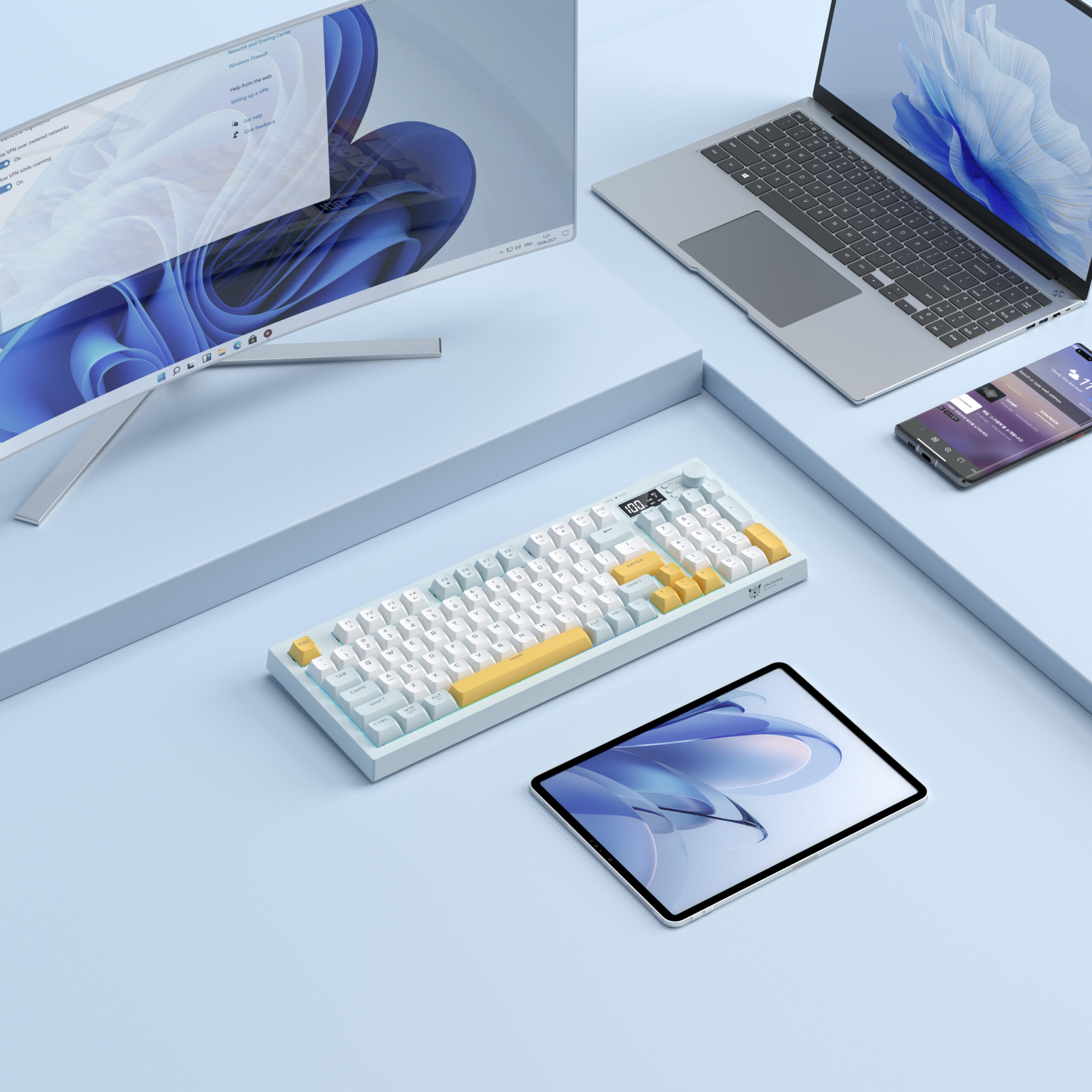 ONIKUMA G80 Tri-Mode Wireless Mechanical Keyboard (2.4GHz / Bluetooth / Wired) with Smart LCD Display, Multimedia Knob, and Compact Full-Size Layout for PC & Mac (Grayish Blue) - Image 6
