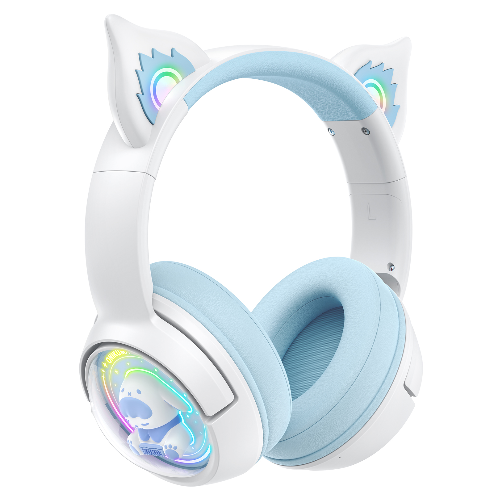 ONIKUMA B5 Wireless Gaming Headset with RGB Cat Ears, KUKU Edition, 2.4GHz Dual USB-C/USB-A Dongle, and Built-in Mic (White/Pastel Blue) - Image 4