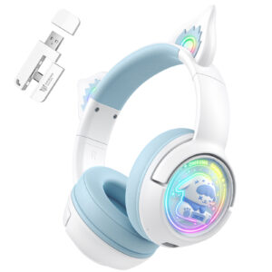 ONIKUMA B5 Wireless Gaming Headset with RGB Cat Ears, KUKU Edition, 2.4GHz Dual USB-C/USB-A Dongle, and Built-in Mic (White/Pastel Blue)