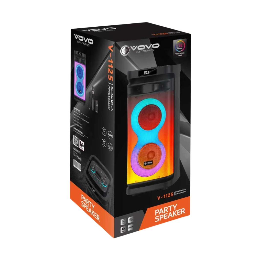 VOVO V-1125 Double 10-Inch Bluetooth Party Speaker (60W) with Dynamic LED Lights, Wireless Mic, and TWS (Black) - Image 2