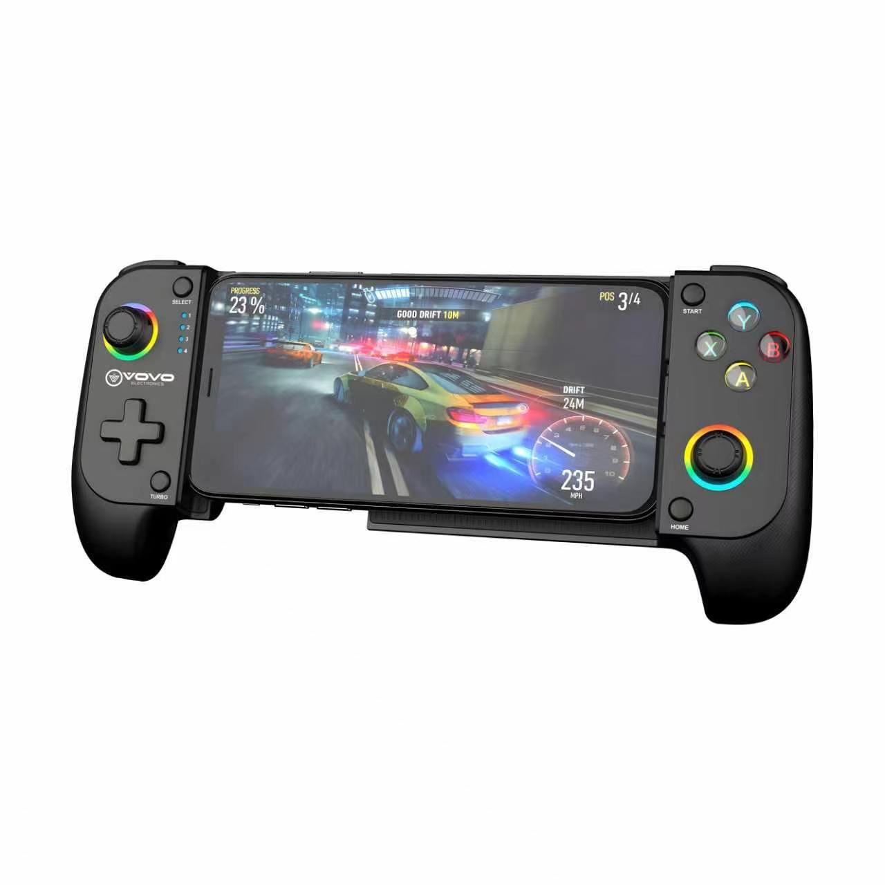 VOVO V-550 Wireless Telescopic Mobile Game Controller with Mechanical Buttons, Dual Vibration, and RGB Lighting for Android & iOS (Black)
