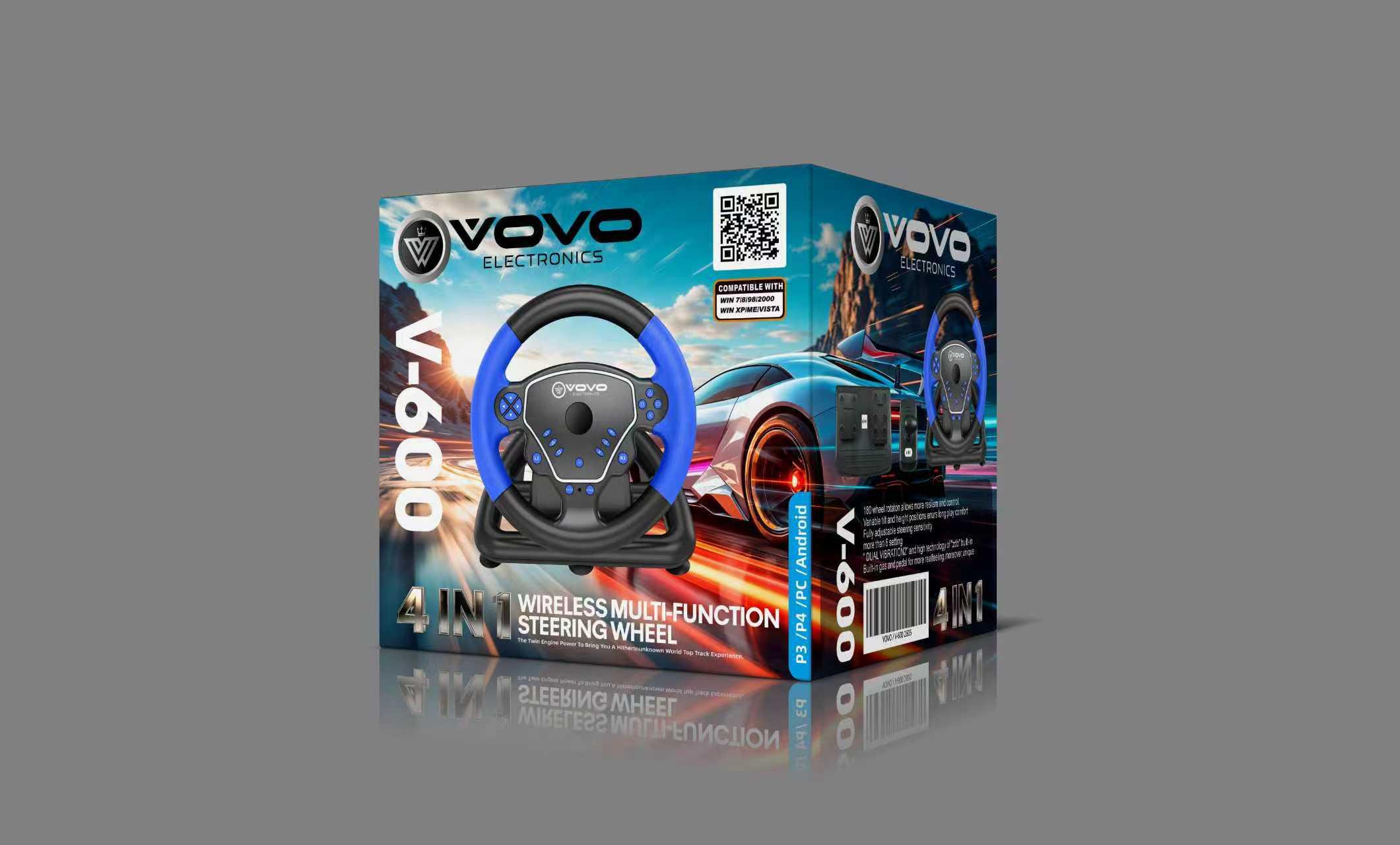 VOVO V-600 4-in-1 Wireless Racing Steering Wheel Set with Dual Vibration, Independent Gear Shifter, and Pedals for PC, PS4, PS3 & Android (Red/Black) - Image 2