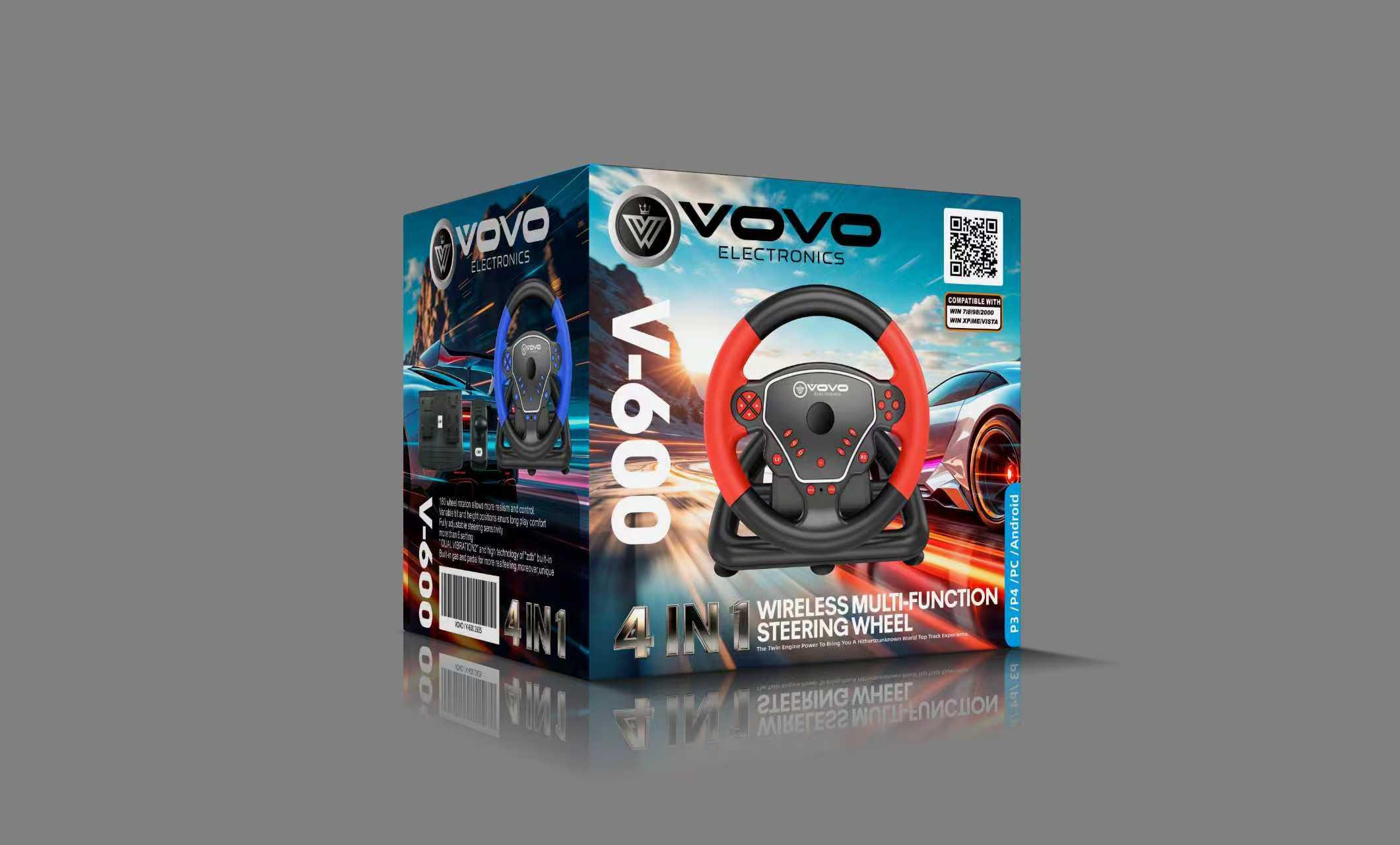VOVO V-600 4-in-1 Wireless Racing Steering Wheel Set with Dual Vibration, Independent Gear Shifter, and Pedals for PC, PS4, PS3 & Android (Red/Black) - Image 3