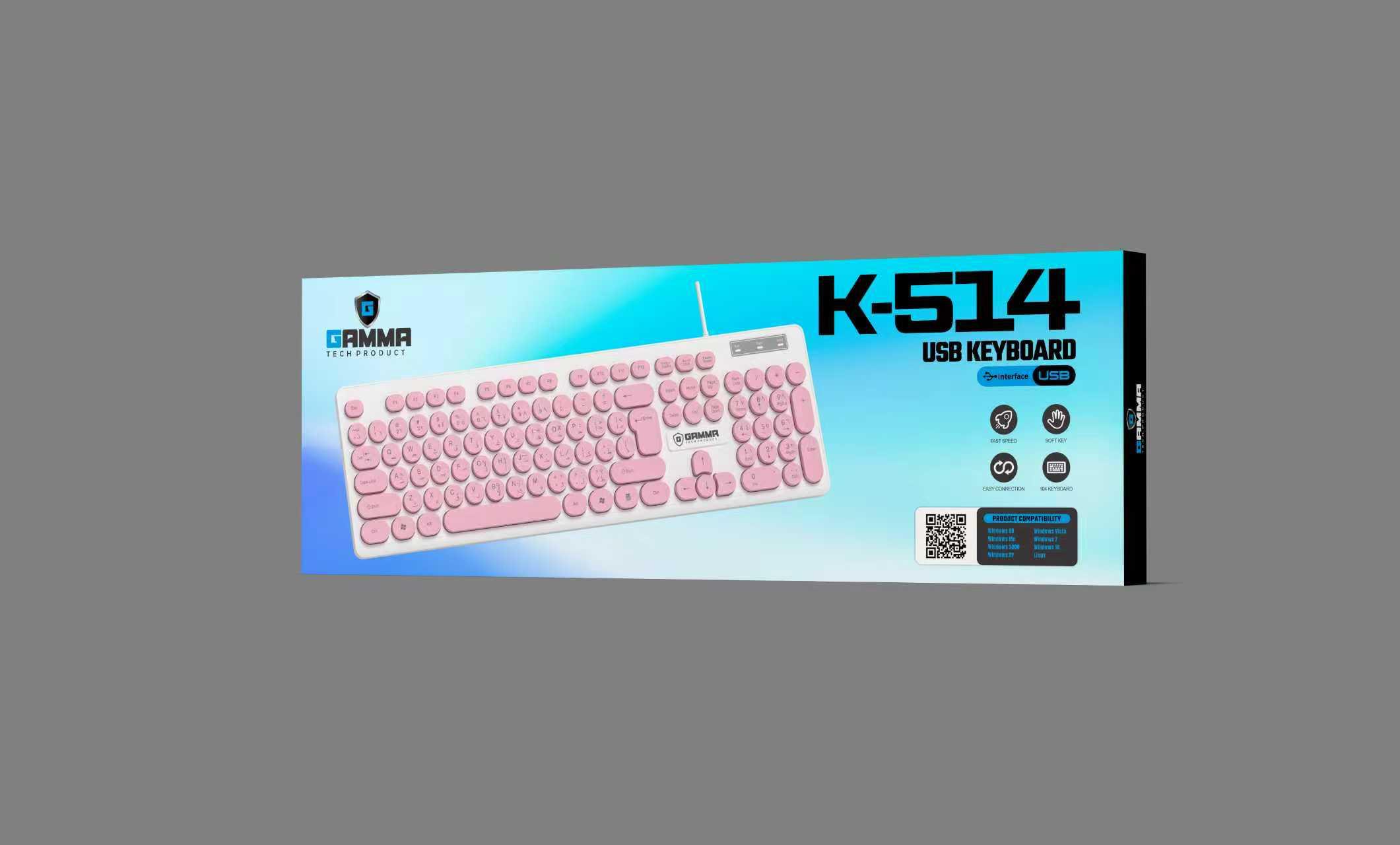 GAMMA K-514 Wired USB Keyboard with Retro Typewriter Round Keycaps, 104-Key Full-Size Layout, and Soft Keys for PC & Laptop (Pink/White) - Image 2