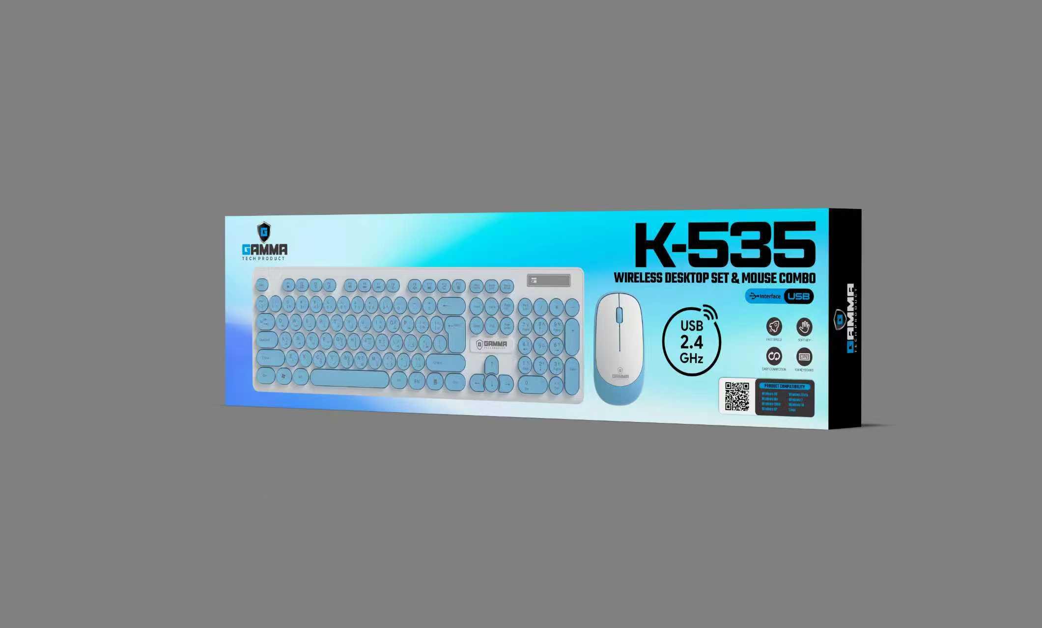 GAMMA K-535 2.4 GHz Wireless Desktop Set & Mouse Combo with Retro Round Keycaps and Soft Keys (Blue/White) - Image 2