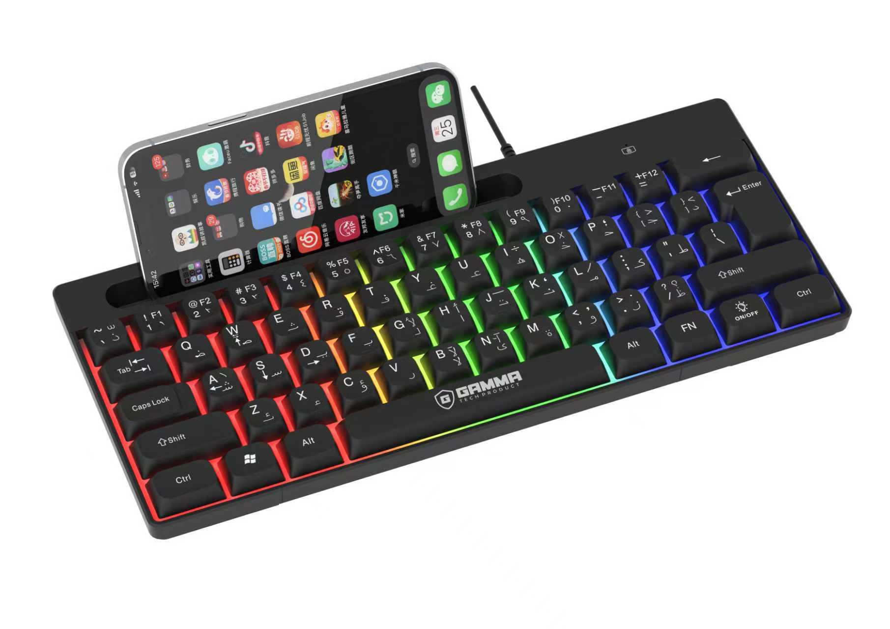 GAMMA K-516 Compact Wired USB RGB Keyboard with Integrated Smartphone Holder and Soft Keys (Black)