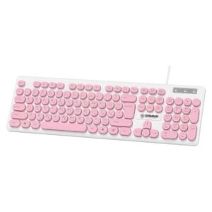 GAMMA K-514 Wired USB Keyboard with Retro Typewriter Round Keycaps, 104-Key Full-Size Layout, and Soft Keys for PC & Laptop (Pink/White)