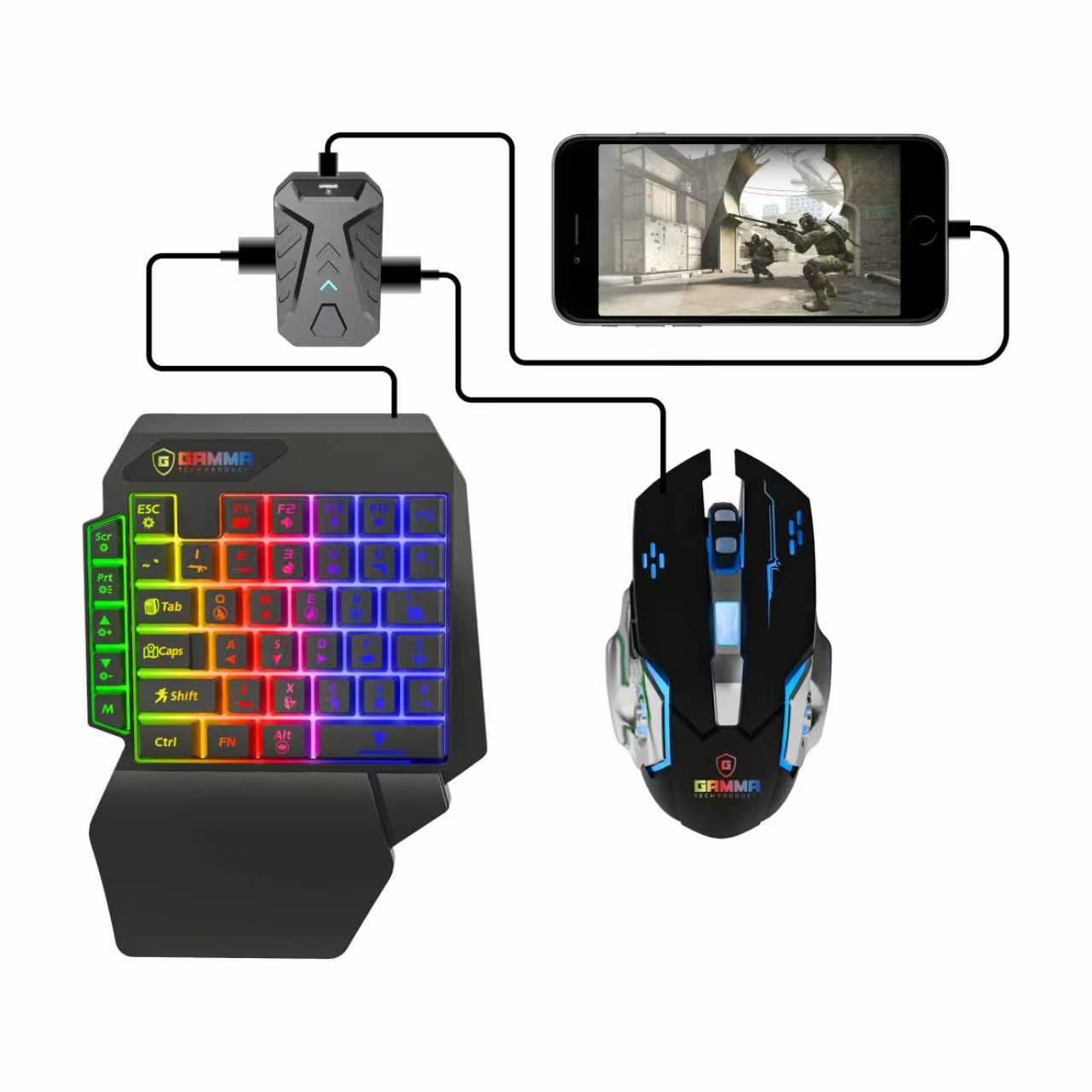 GAMMA K-540 3-in-1 Mobile Game Combo Pack (RGB One-Handed Keyboard, Gaming Mouse & Converter Hub) for Android Devices