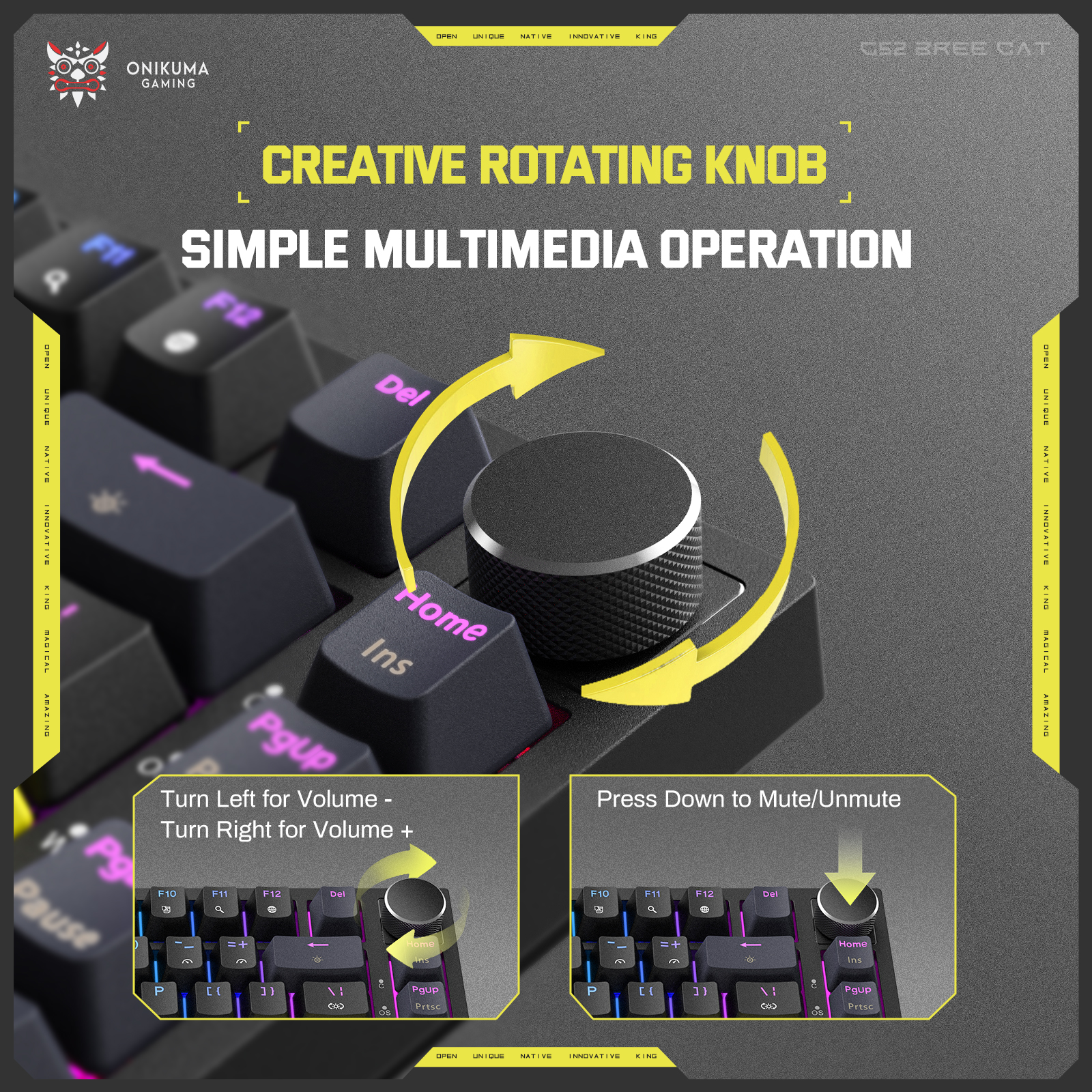 ONIKUMA G52 Wired RGB Mechanical Keyboard (2025 Upgrade Version) with Multimedia Knob, 75% Compact Layout, and Custom Yellow Accent Keycaps for PC & Mac (Black) - Image 7