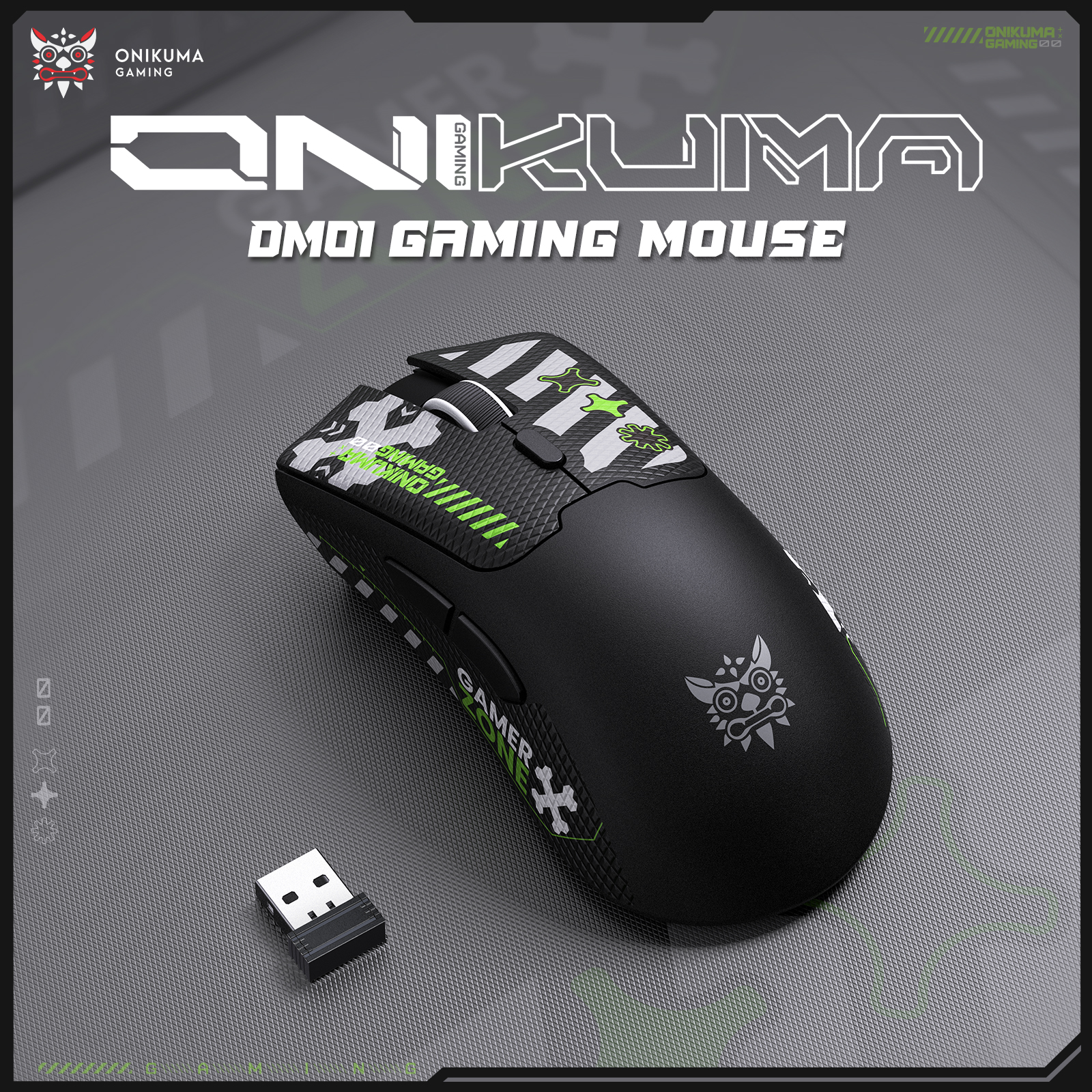 ONIKUMA DM01 Wireless Gaming Mouse with Cyber-Tech Graphics, 2.4GHz Nano Receiver, and Textured Ergonomic Grip for PC & Mac (Black/White Edition) - Image 15