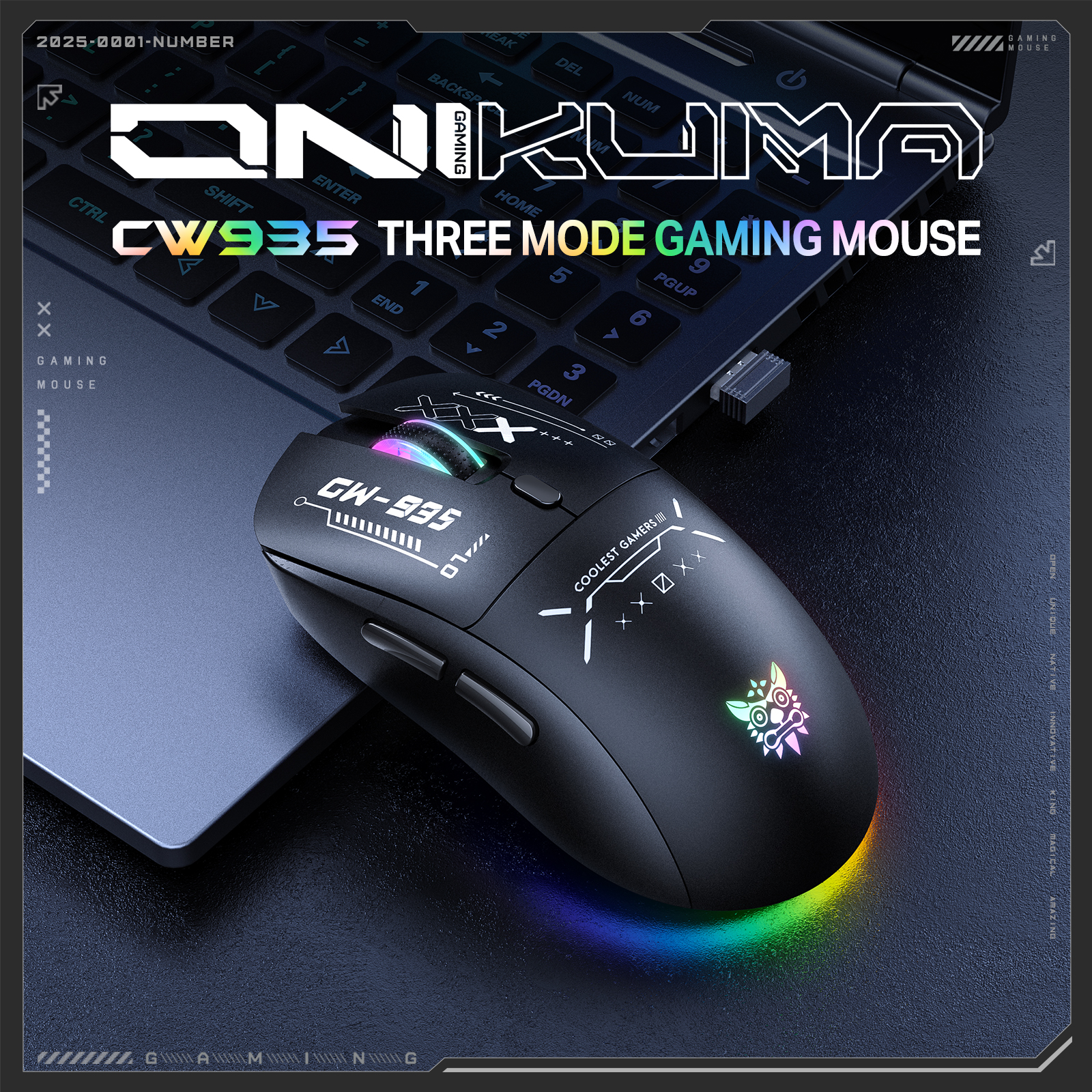 ONIKUMA CW935 Tri-Mode Wireless Gaming Mouse (2.4GHz / Bluetooth / Wired) with Dynamic RGB Underglow, Cyberpunk Graphics, and 6 Programmable Buttons for PC, Mac & Mobile (Black) - Image 9