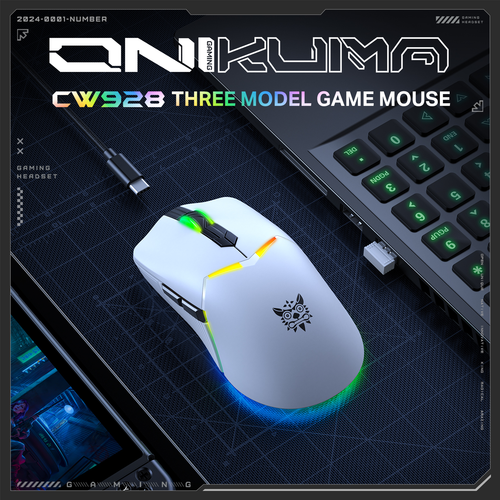 ONIKUMA CW928 Tri-Mode Wireless Gaming Mouse (2.4GHz / Bluetooth / Wired) with Multi-Zone RGB Lighting, Textured Grips, and Braided Cable for PC, Mac & Mobile (White) - Image 7