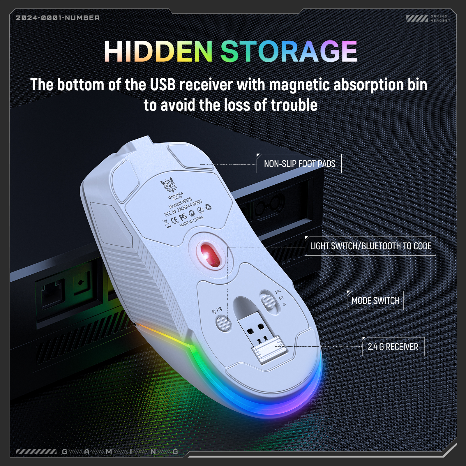 ONIKUMA CW928 Tri-Mode Wireless Gaming Mouse (2.4GHz / Bluetooth / Wired) with Multi-Zone RGB Lighting, Textured Grips, and Braided Cable for PC, Mac & Mobile (White) - Image 9