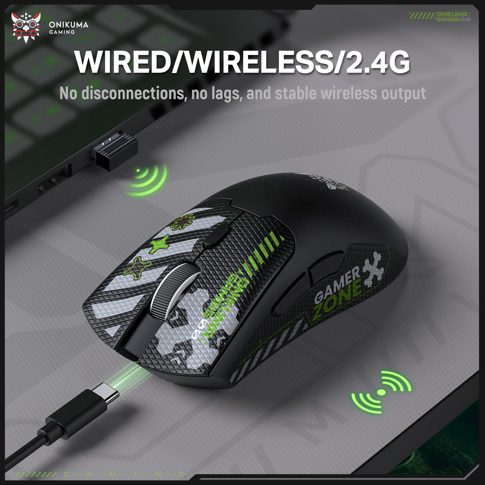 ONIKUMA DM01 Wireless Gaming Mouse with Cyber-Tech Graphics, 2.4GHz Nano Receiver, and Textured Ergonomic Grip for PC & Mac (Black/White Edition) - Image 18