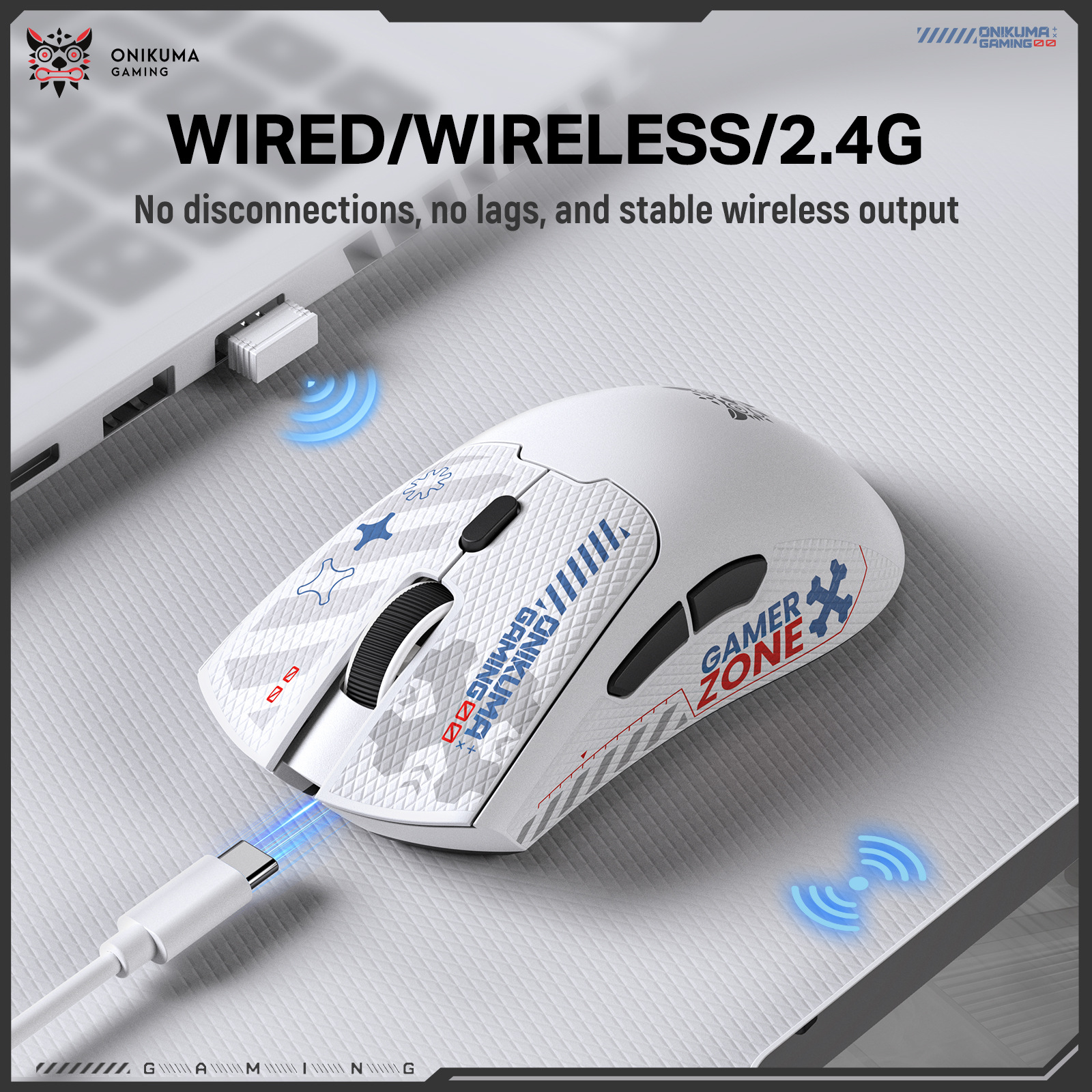 ONIKUMA DM01 Wireless Gaming Mouse with Cyber-Tech Graphics, 2.4GHz Nano Receiver, and Textured Ergonomic Grip for PC & Mac (Black/White Edition) - Image 25