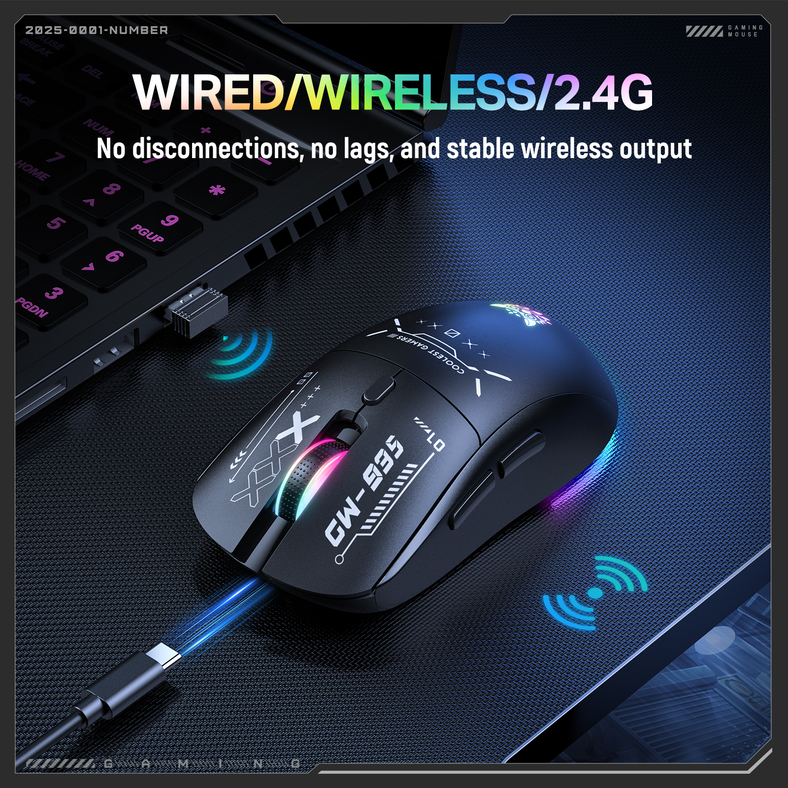 ONIKUMA CW935 Tri-Mode Wireless Gaming Mouse (2.4GHz / Bluetooth / Wired) with Dynamic RGB Underglow, Cyberpunk Graphics, and 6 Programmable Buttons for PC, Mac & Mobile (Black) - Image 12
