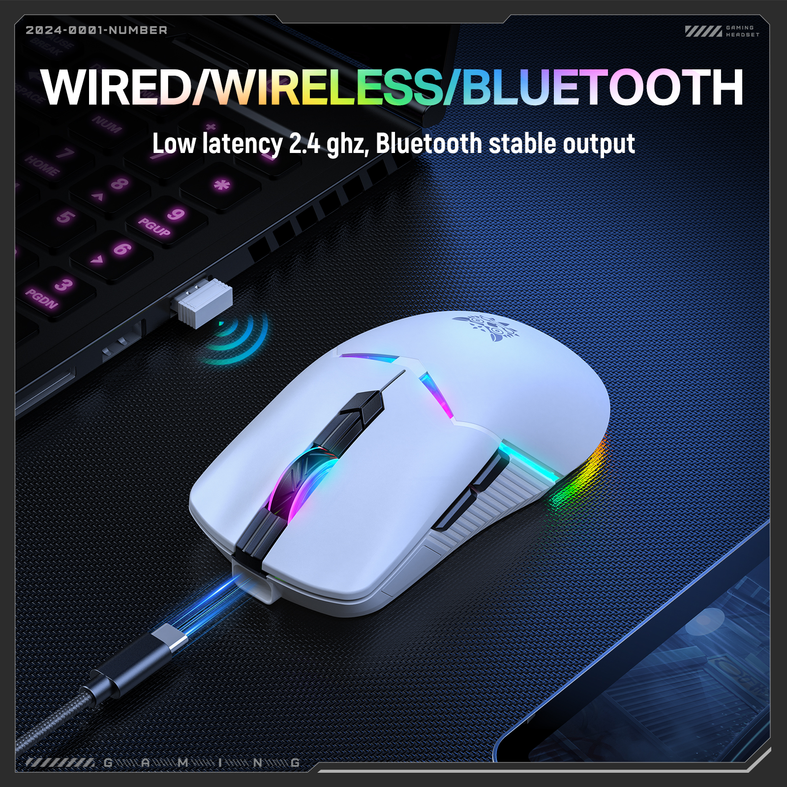 ONIKUMA CW928 Tri-Mode Wireless Gaming Mouse (2.4GHz / Bluetooth / Wired) with Multi-Zone RGB Lighting, Textured Grips, and Braided Cable for PC, Mac & Mobile (White) - Image 12