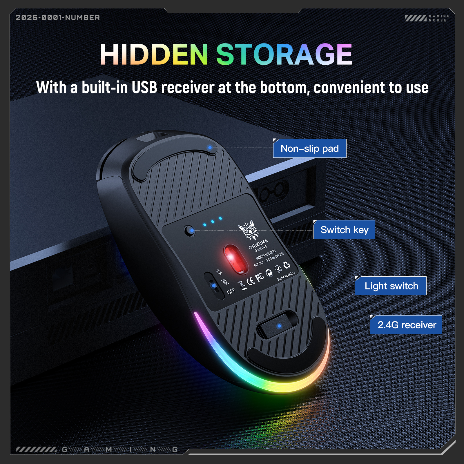 ONIKUMA CW935 Tri-Mode Wireless Gaming Mouse (2.4GHz / Bluetooth / Wired) with Dynamic RGB Underglow, Cyberpunk Graphics, and 6 Programmable Buttons for PC, Mac & Mobile (Black) - Image 14