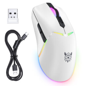 ONIKUMA CW928 Tri-Mode Wireless Gaming Mouse (2.4GHz / Bluetooth / Wired) with Multi-Zone RGB Lighting, Textured Grips, and Braided Cable for PC, Mac & Mobile (White)