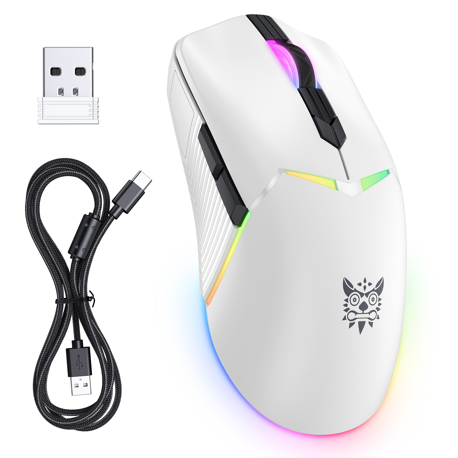 ONIKUMA CW928 Tri-Mode Wireless Gaming Mouse (2.4GHz / Bluetooth / Wired) with Multi-Zone RGB Lighting, Textured Grips, and Braided Cable for PC, Mac & Mobile (White)