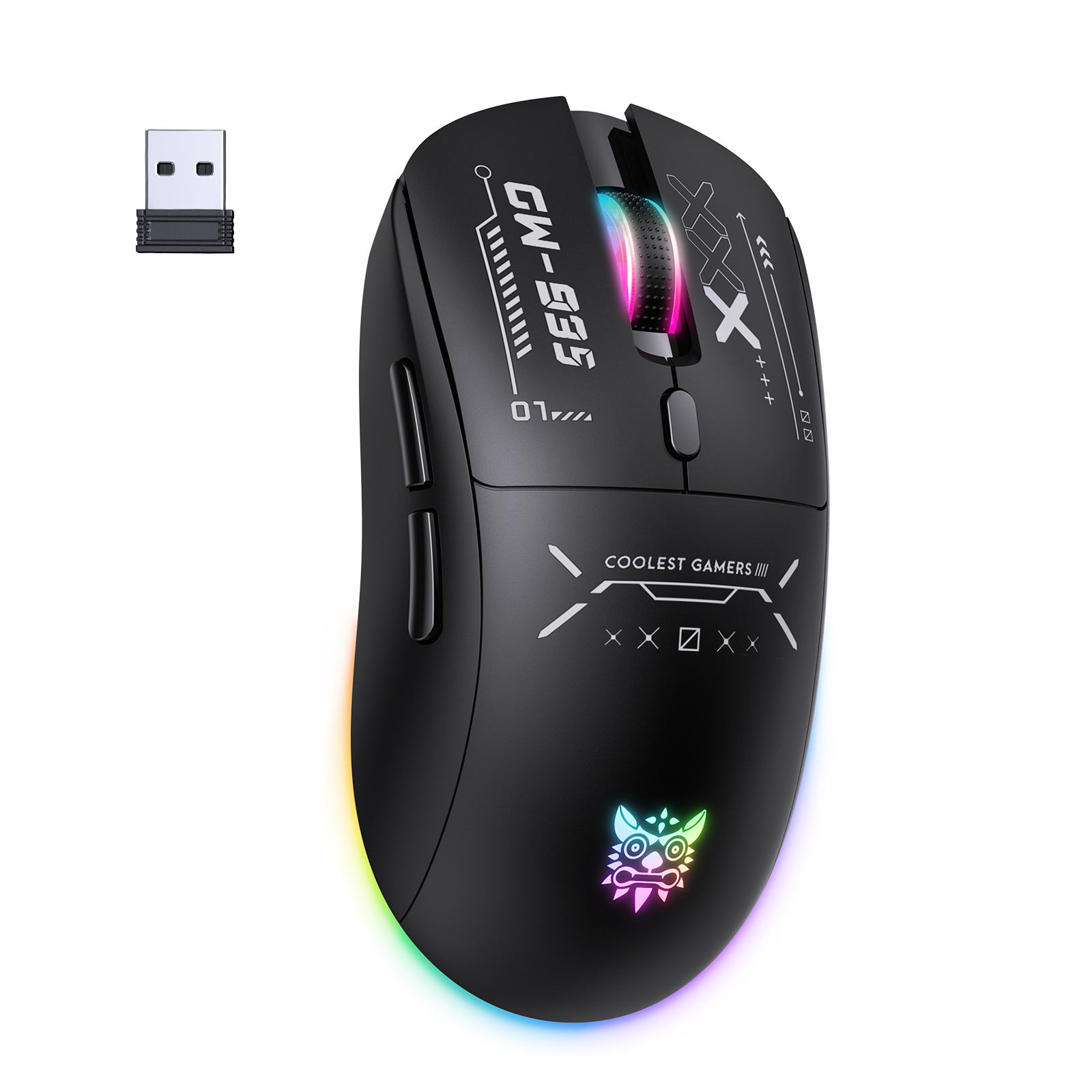 ONIKUMA CW935 Tri-Mode Wireless Gaming Mouse (2.4GHz / Bluetooth / Wired) with Dynamic RGB Underglow, Cyberpunk Graphics, and 6 Programmable Buttons for PC, Mac & Mobile (Black)