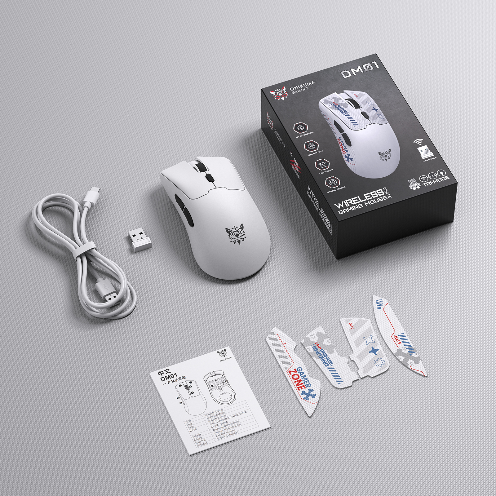 ONIKUMA DM01 Wireless Gaming Mouse with Cyber-Tech Graphics, 2.4GHz Nano Receiver, and Textured Ergonomic Grip for PC & Mac (Black/White Edition) - Image 12