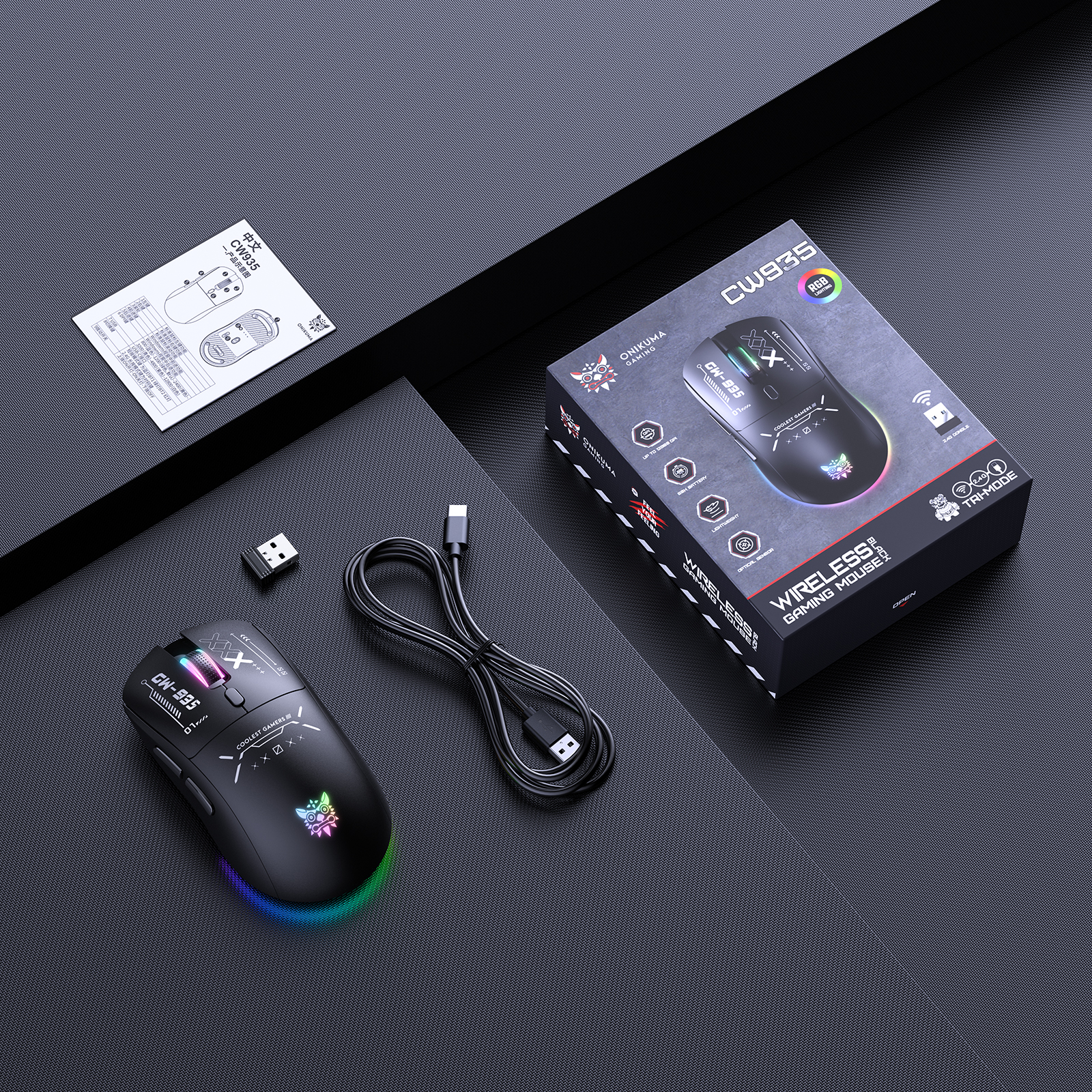 ONIKUMA CW935 Tri-Mode Wireless Gaming Mouse (2.4GHz / Bluetooth / Wired) with Dynamic RGB Underglow, Cyberpunk Graphics, and 6 Programmable Buttons for PC, Mac & Mobile (Black) - Image 6