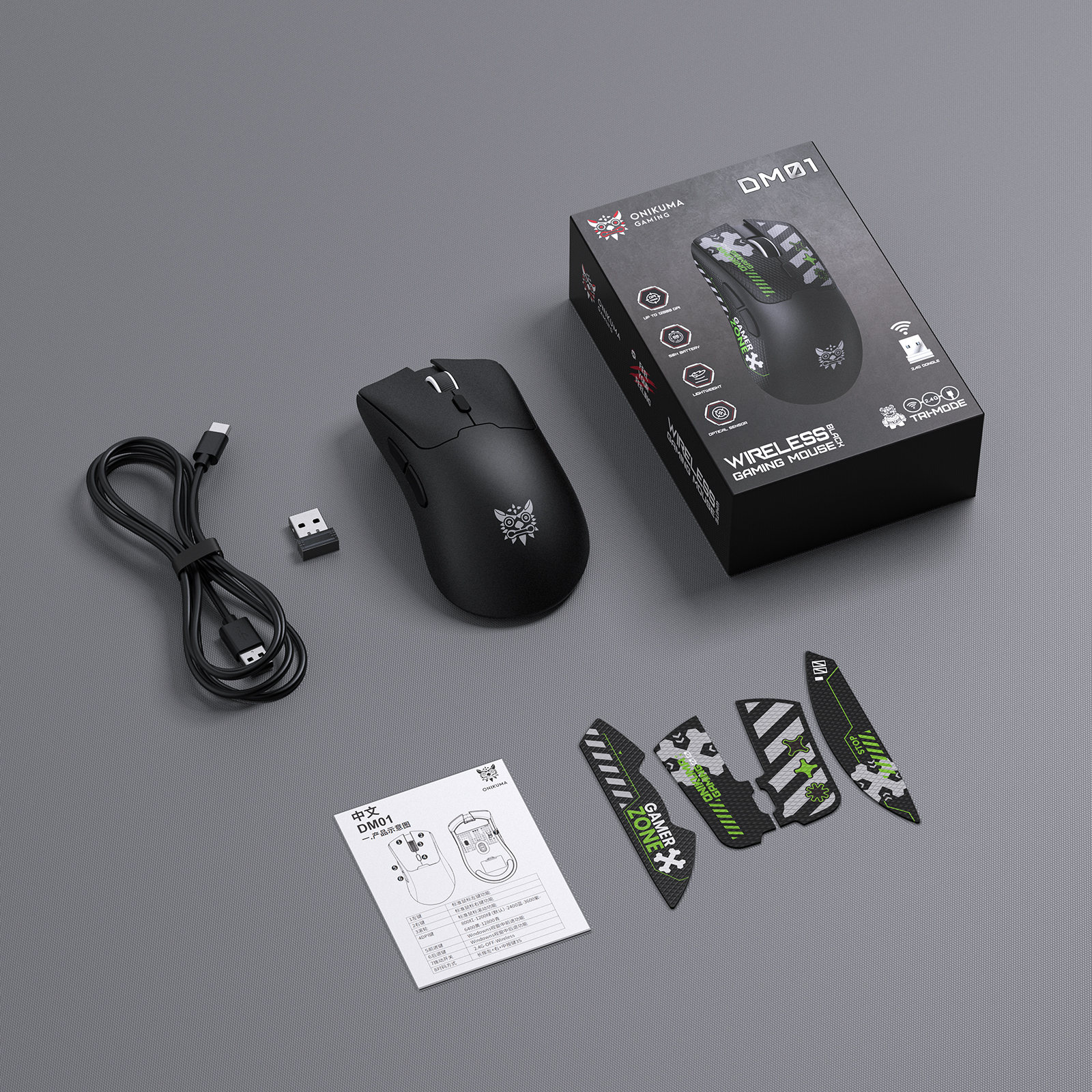 ONIKUMA DM01 Wireless Gaming Mouse with Cyber-Tech Graphics, 2.4GHz Nano Receiver, and Textured Ergonomic Grip for PC & Mac (Black/White Edition) - Image 6