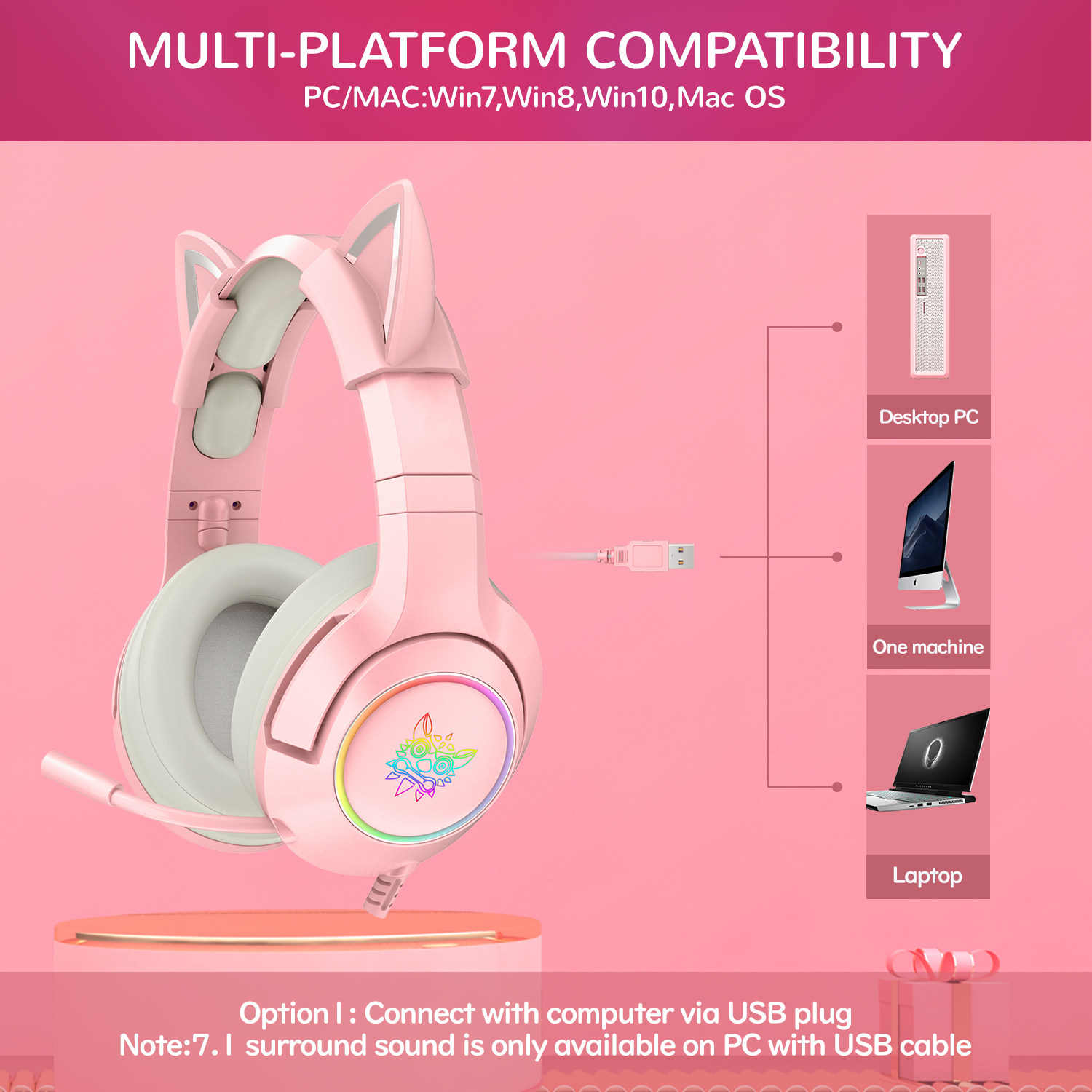 ONIKUMA K9 Wired Cat Ear Gaming Headset with Dynamic RGB Lighting, Flexible Noise-Isolating Mic, and 3.5mm Audio Jack for PC, PS5 & Xbox (Black & Pink) - Image 16