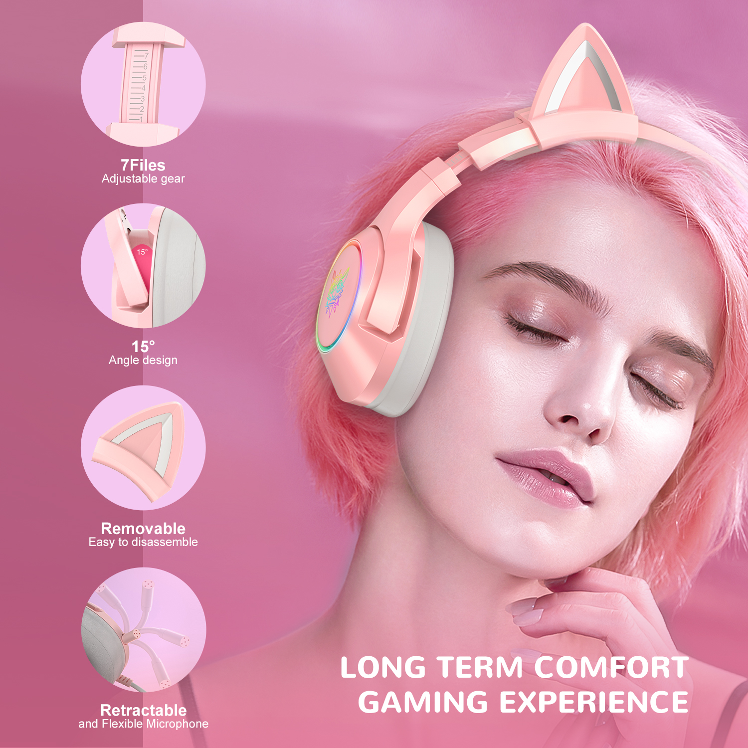 ONIKUMA K9 Wired Cat Ear Gaming Headset with Dynamic RGB Lighting, Flexible Noise-Isolating Mic, and 3.5mm Audio Jack for PC, PS5 & Xbox (Black & Pink) - Image 11