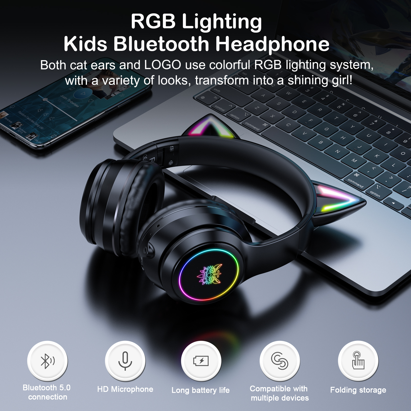 ONIKUMA B90 Wireless Cat Ear Gaming Headset with Dynamic RGB Lighting, Built-in Mic, and Plush Over-Ear Comfort for Mobile, PC & Mac - Image 10