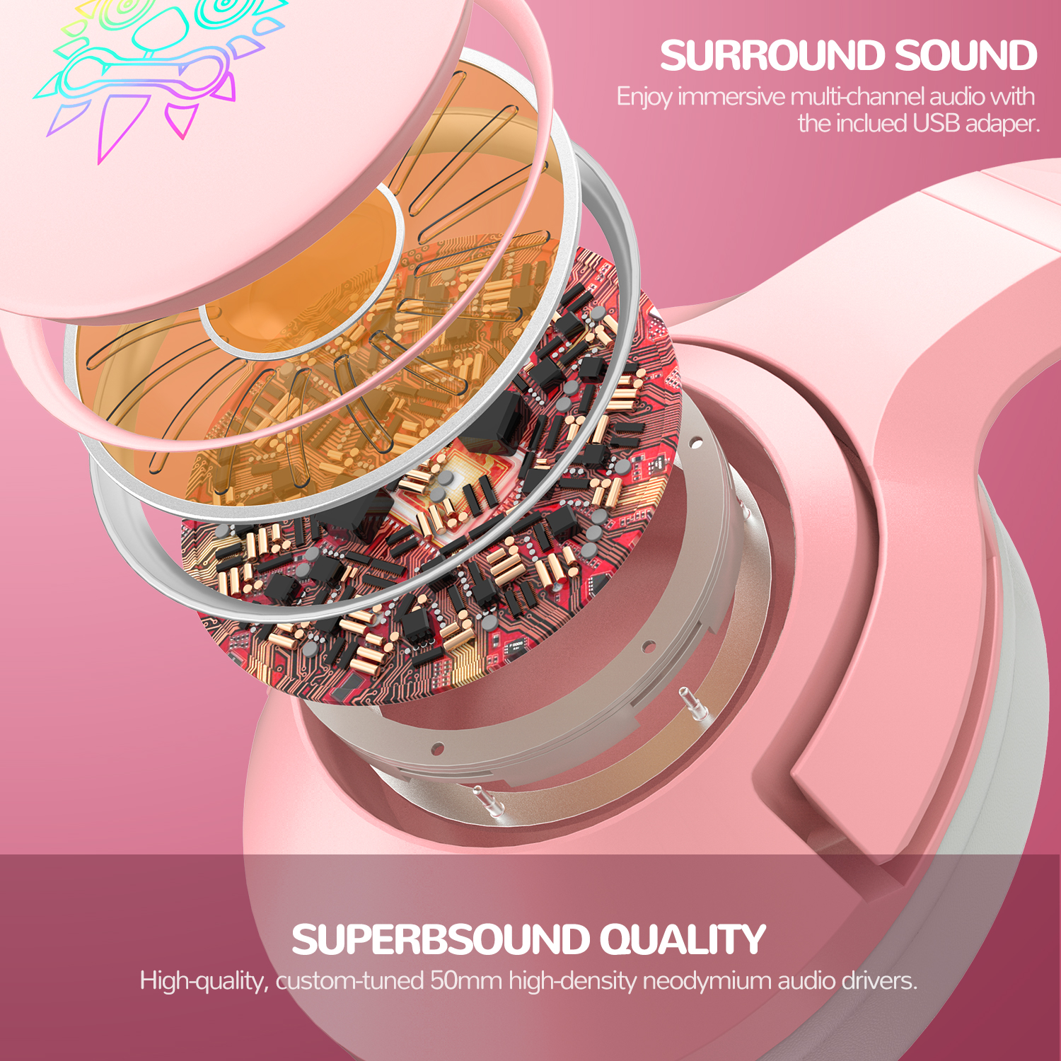 ONIKUMA K9 Wired Cat Ear Gaming Headset with Dynamic RGB Lighting, Flexible Noise-Isolating Mic, and 3.5mm Audio Jack for PC, PS5 & Xbox (Black & Pink) - Image 13
