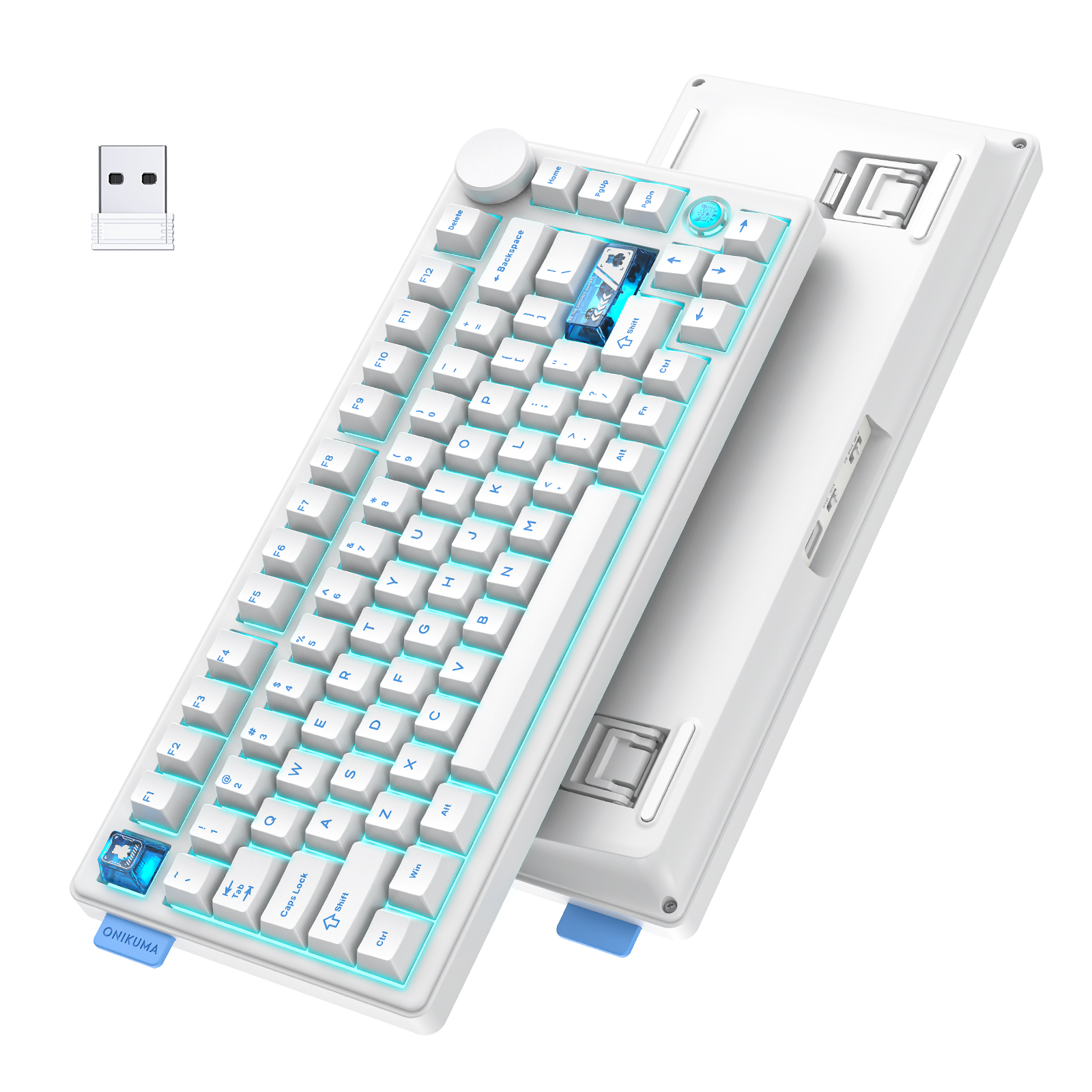 ONIKUMA MT706 Tri-Mode Wireless Mechanical Keyboard (2.4GHz / Bluetooth / Wired) with Multimedia Knob, Transparent Cyber Accent Keys, and 75% Layout for PC & Mac (Black/White) - Image 12