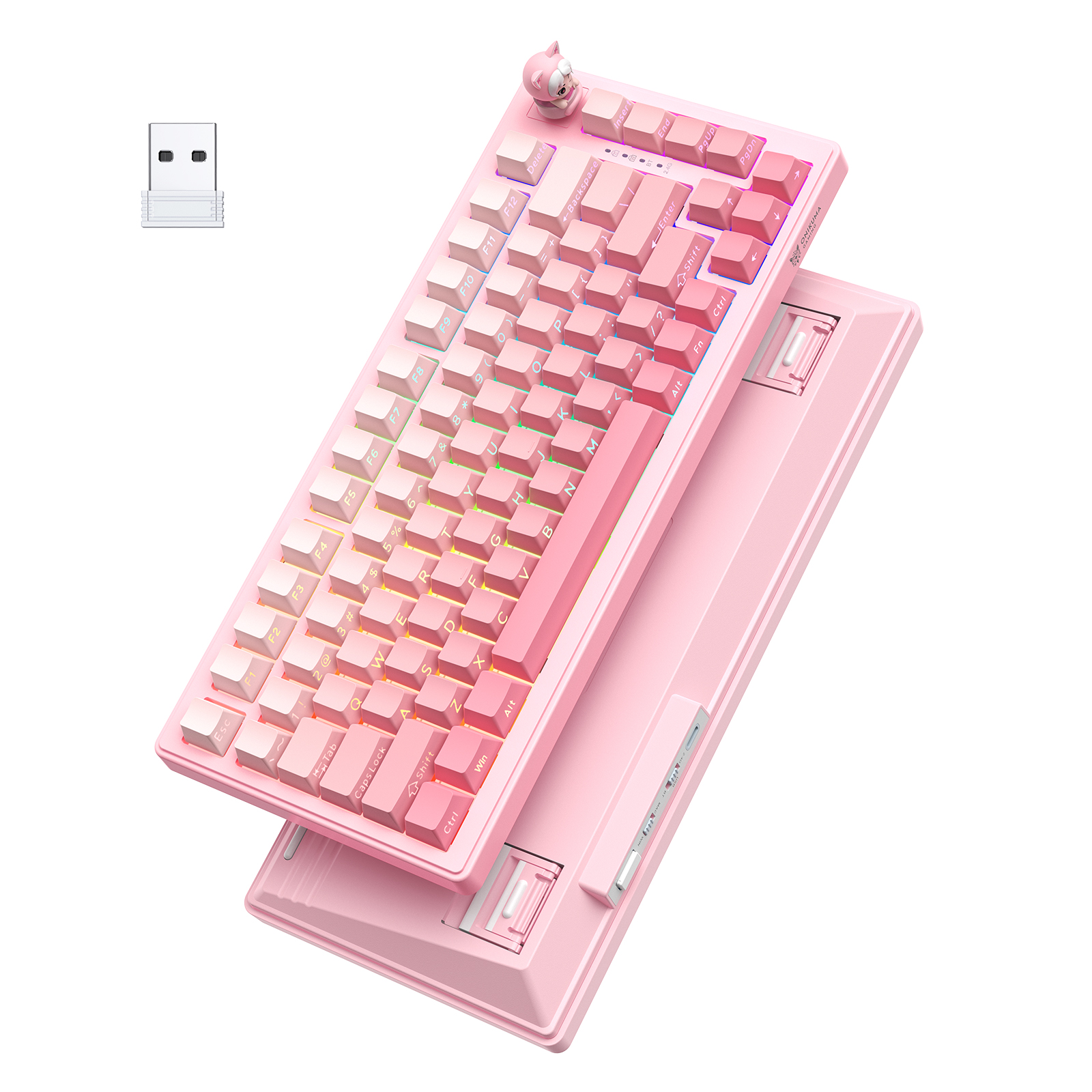 ONIKUMA MT707 Tri-Mode Wireless Mechanical Keyboard (2.4GHz / Bluetooth / Wired) with Kawaii Cat Head Rotary Knob, 75% Layout, and RGB Backlighting for PC & Mac (Pink/Purple/Yellow) - Image 8