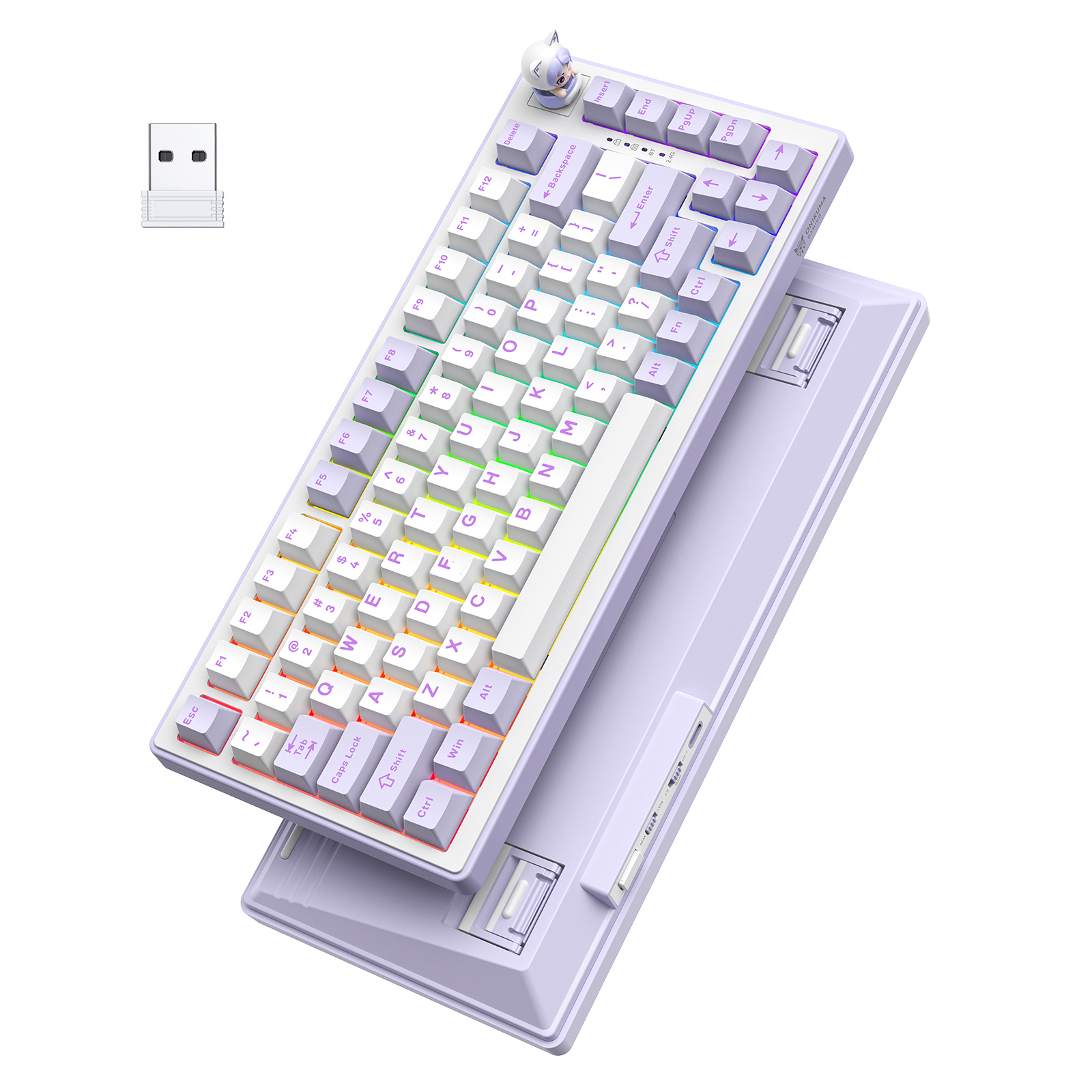 ONIKUMA MT707 Tri-Mode Wireless Mechanical Keyboard (2.4GHz / Bluetooth / Wired) with Kawaii Cat Head Rotary Knob, 75% Layout, and RGB Backlighting for PC & Mac (Pink/Purple/Yellow) - Image 17