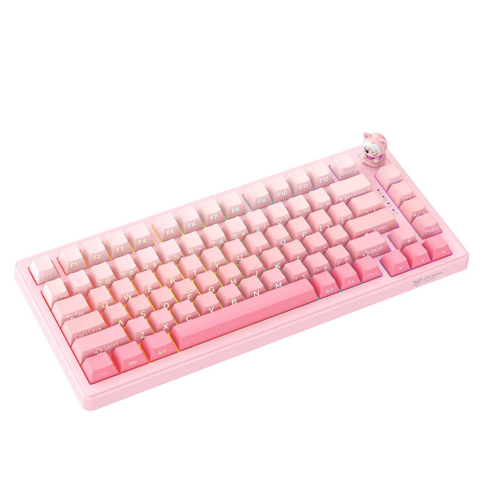 ONIKUMA MT707 Tri-Mode Wireless Mechanical Keyboard (2.4GHz / Bluetooth / Wired) with Kawaii Cat Head Rotary Knob, 75% Layout, and RGB Backlighting for PC & Mac (Pink/Purple/Yellow) - Image 7