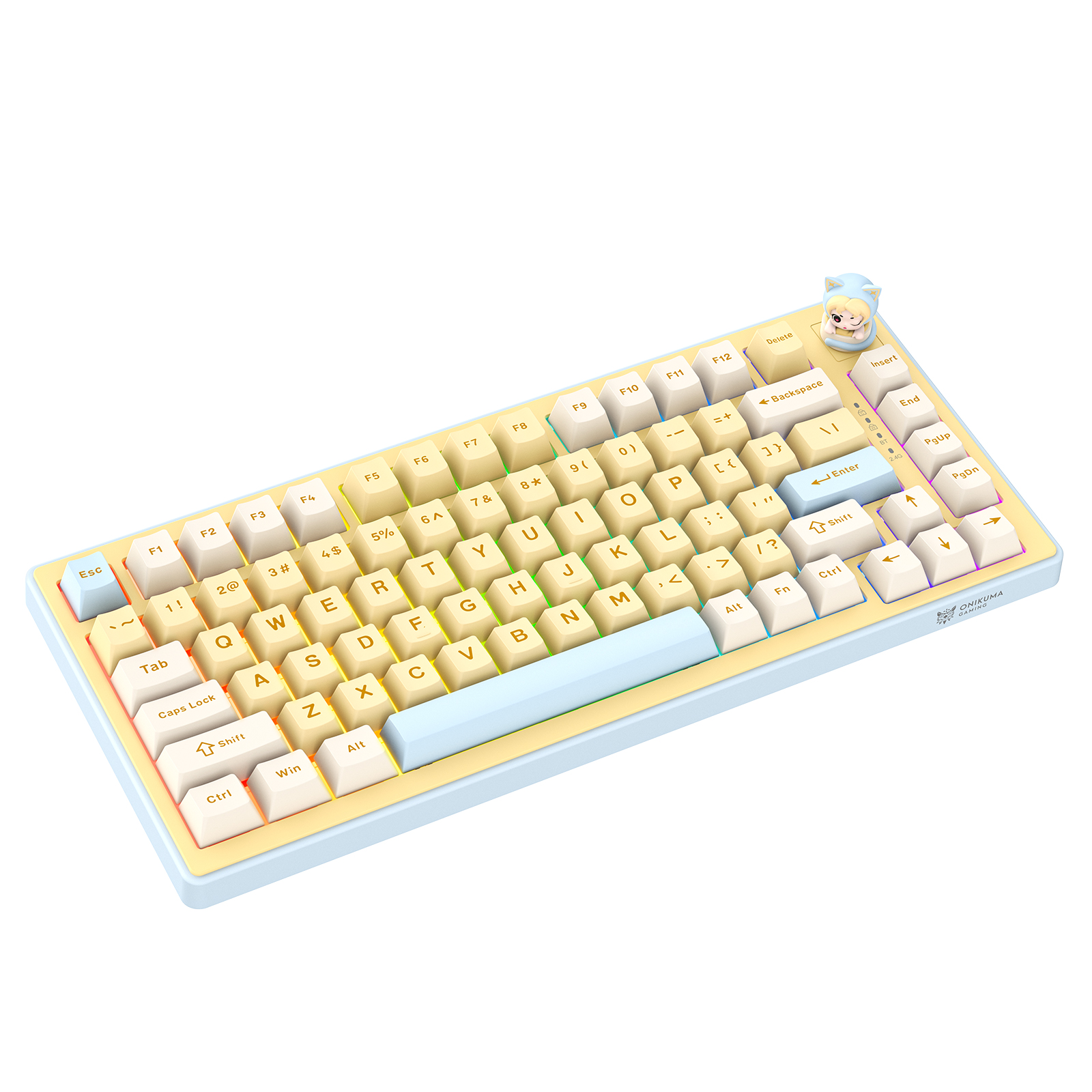ONIKUMA MT707 Tri-Mode Wireless Mechanical Keyboard (2.4GHz / Bluetooth / Wired) with Kawaii Cat Head Rotary Knob, 75% Layout, and RGB Backlighting for PC & Mac (Pink/Purple/Yellow) - Image 12