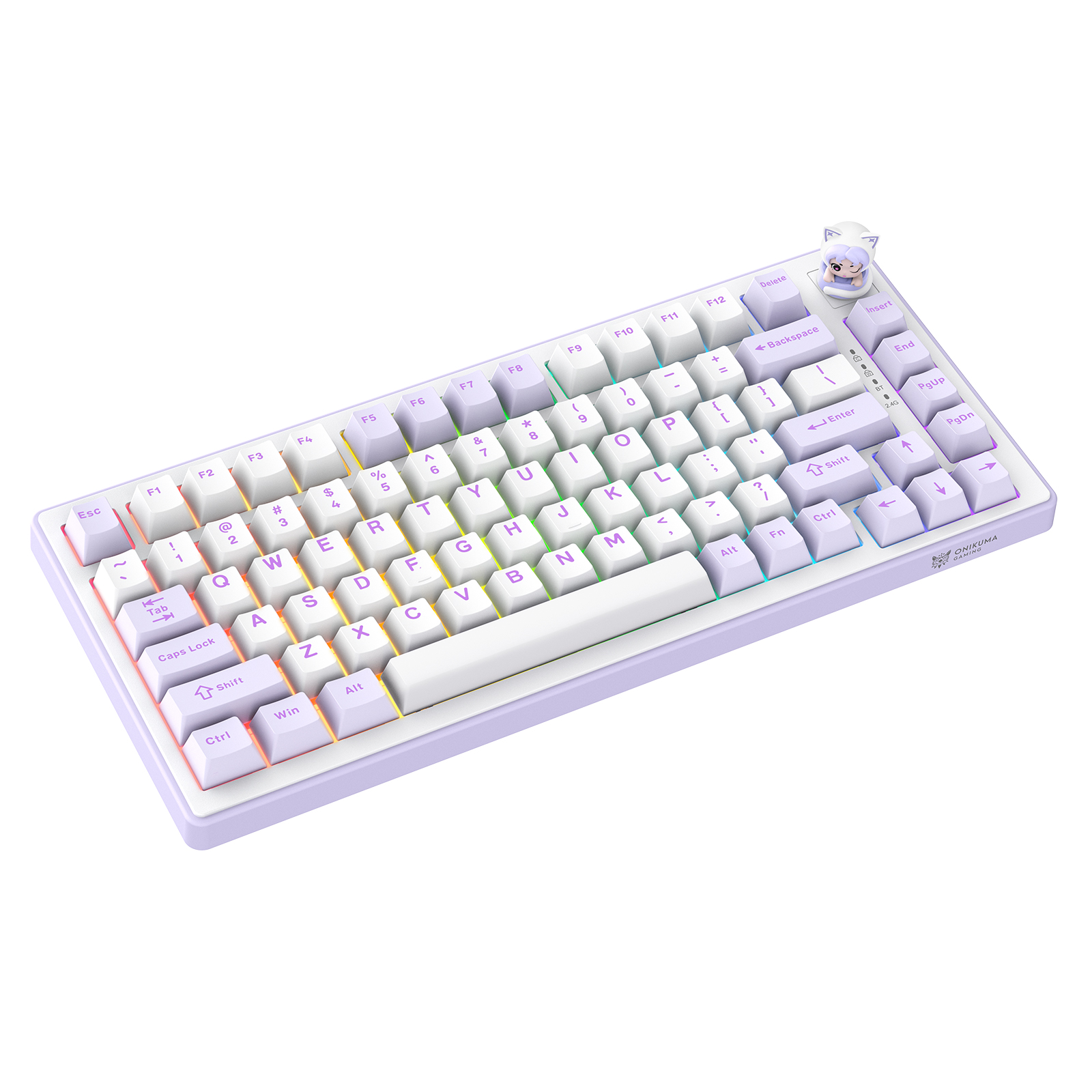 ONIKUMA MT707 Tri-Mode Wireless Mechanical Keyboard (2.4GHz / Bluetooth / Wired) with Kawaii Cat Head Rotary Knob, 75% Layout, and RGB Backlighting for PC & Mac (Pink/Purple/Yellow) - Image 16