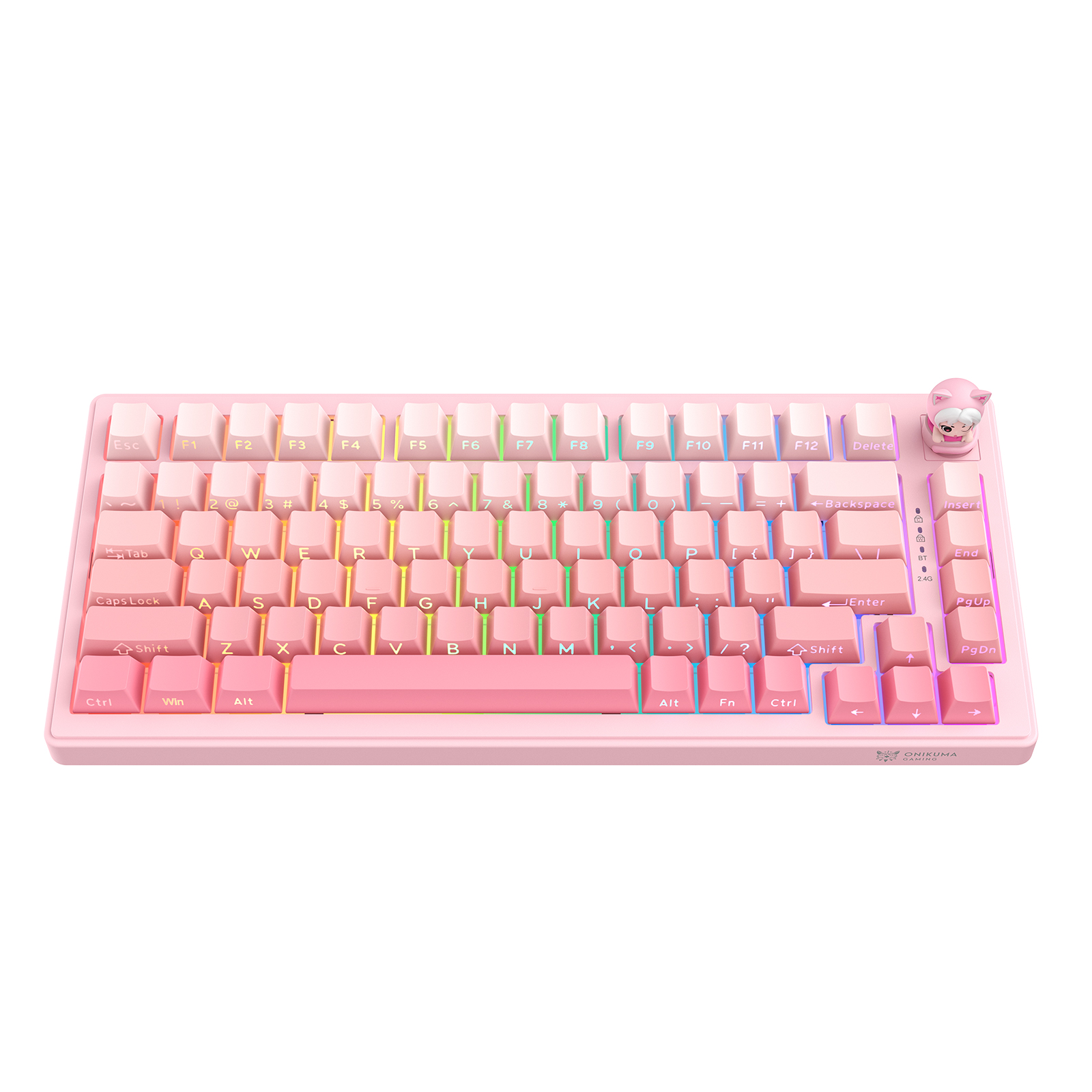 ONIKUMA MT707 Tri-Mode Wireless Mechanical Keyboard (2.4GHz / Bluetooth / Wired) with Kawaii Cat Head Rotary Knob, 75% Layout, and RGB Backlighting for PC & Mac (Pink/Purple/Yellow) - Image 4