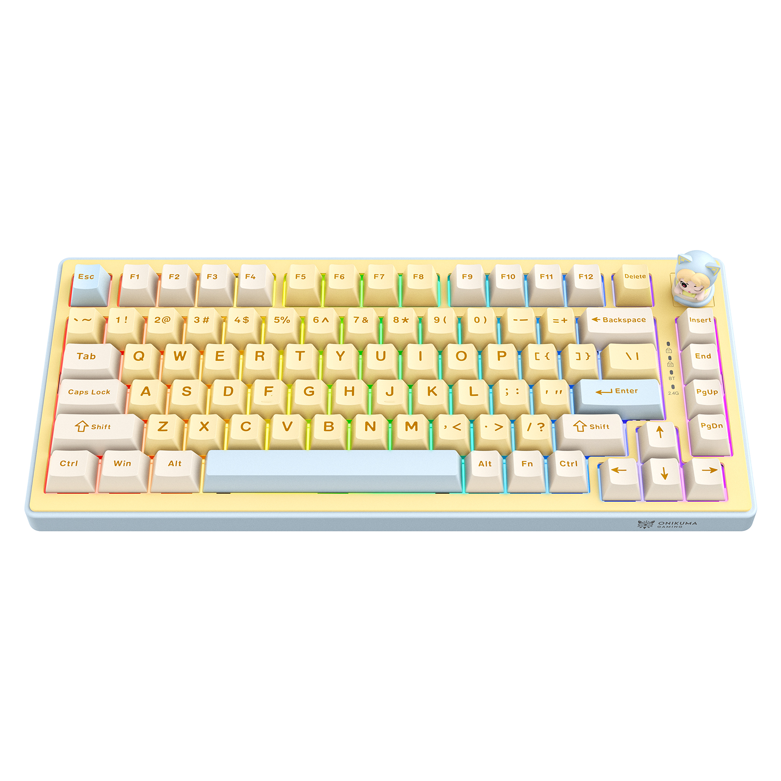 ONIKUMA MT707 Tri-Mode Wireless Mechanical Keyboard (2.4GHz / Bluetooth / Wired) with Kawaii Cat Head Rotary Knob, 75% Layout, and RGB Backlighting for PC & Mac (Pink/Purple/Yellow) - Image 10