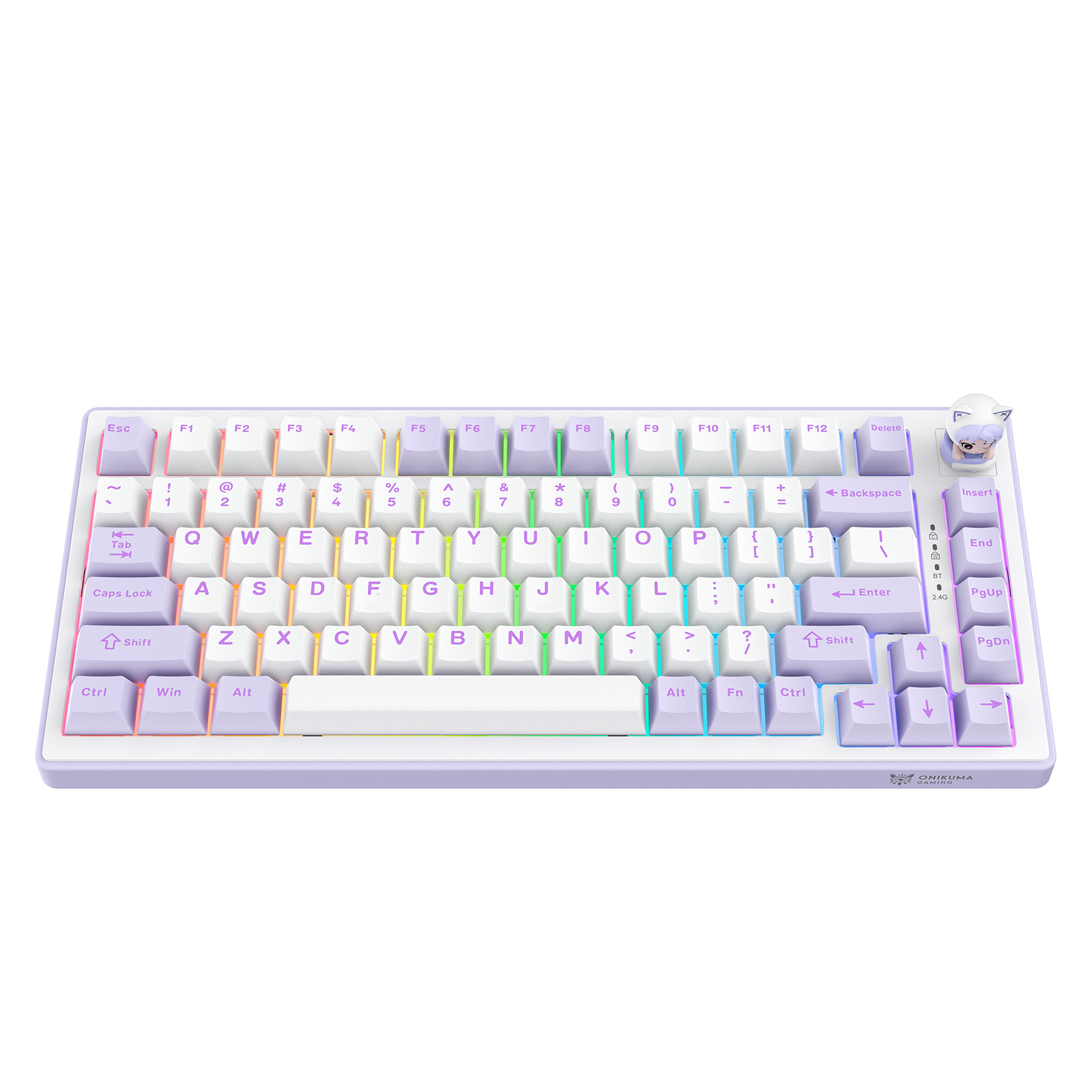 ONIKUMA MT707 Tri-Mode Wireless Mechanical Keyboard (2.4GHz / Bluetooth / Wired) with Kawaii Cat Head Rotary Knob, 75% Layout, and RGB Backlighting for PC & Mac (Pink/Purple/Yellow) - Image 13