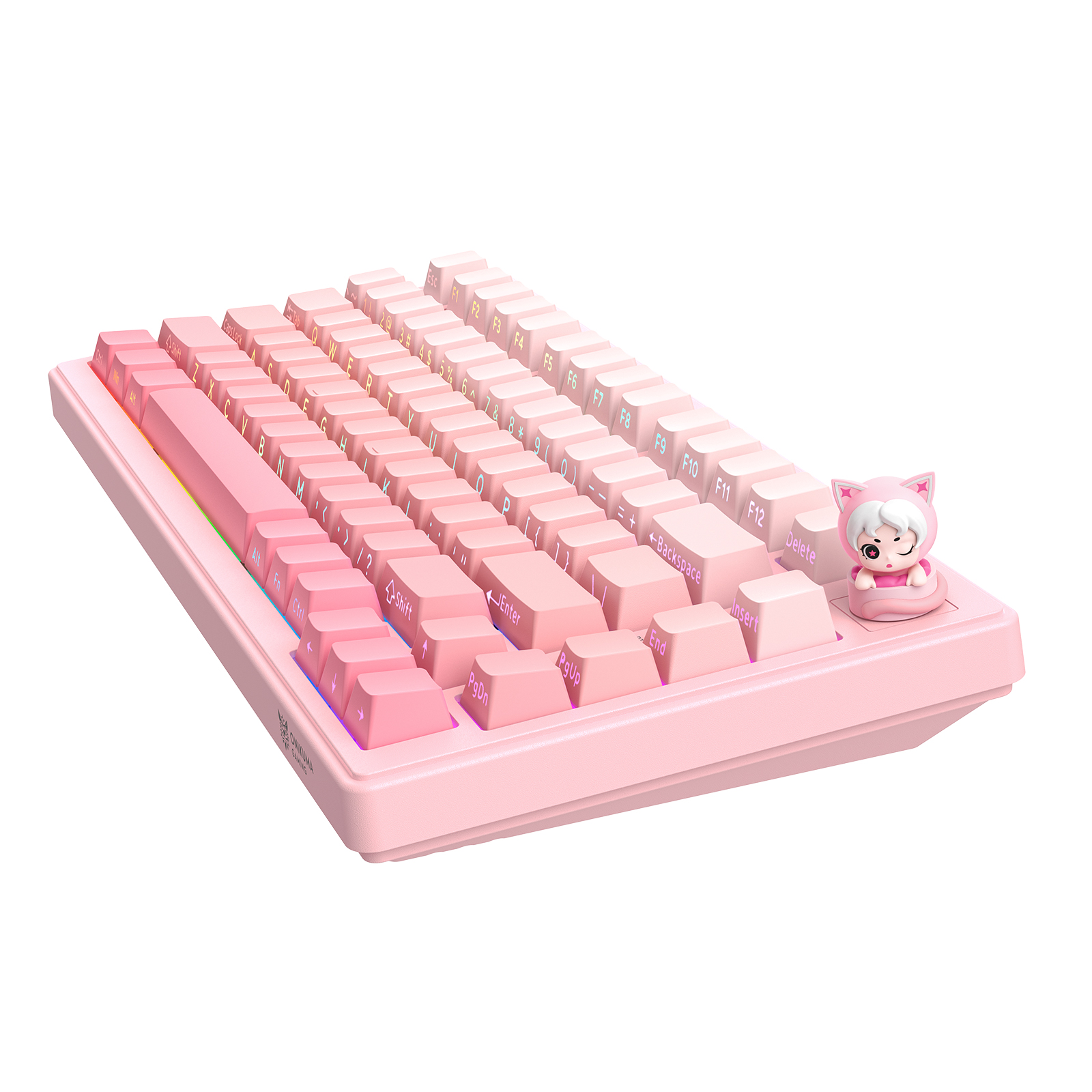 ONIKUMA MT707 Tri-Mode Wireless Mechanical Keyboard (2.4GHz / Bluetooth / Wired) with Kawaii Cat Head Rotary Knob, 75% Layout, and RGB Backlighting for PC & Mac (Pink/Purple/Yellow) - Image 5