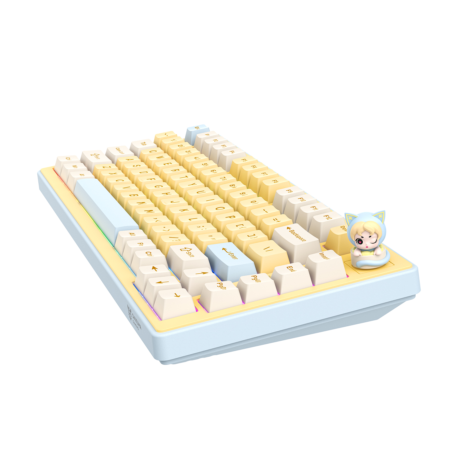 ONIKUMA MT707 Tri-Mode Wireless Mechanical Keyboard (2.4GHz / Bluetooth / Wired) with Kawaii Cat Head Rotary Knob, 75% Layout, and RGB Backlighting for PC & Mac (Pink/Purple/Yellow) - Image 11