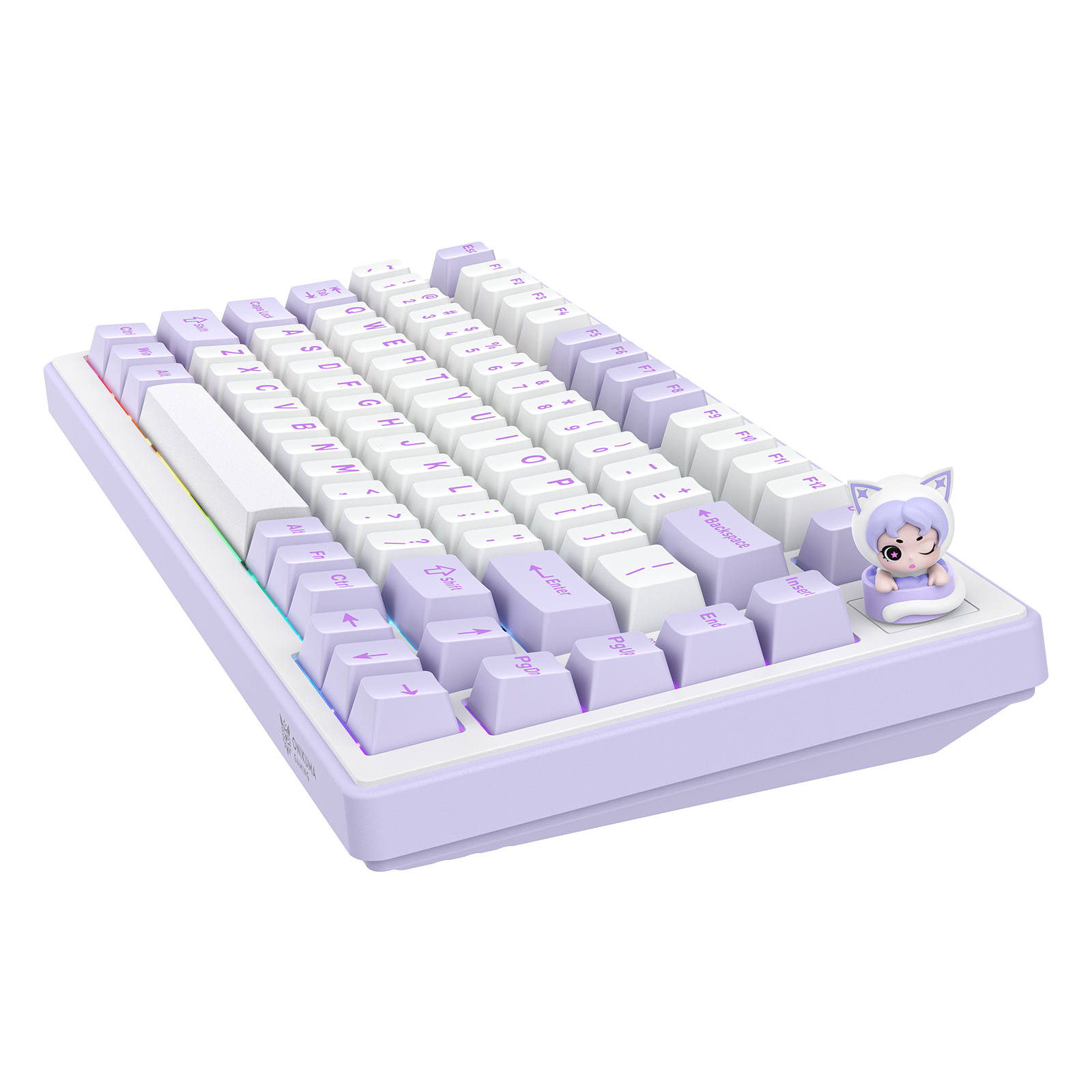ONIKUMA MT707 Tri-Mode Wireless Mechanical Keyboard (2.4GHz / Bluetooth / Wired) with Kawaii Cat Head Rotary Knob, 75% Layout, and RGB Backlighting for PC & Mac (Pink/Purple/Yellow) - Image 14